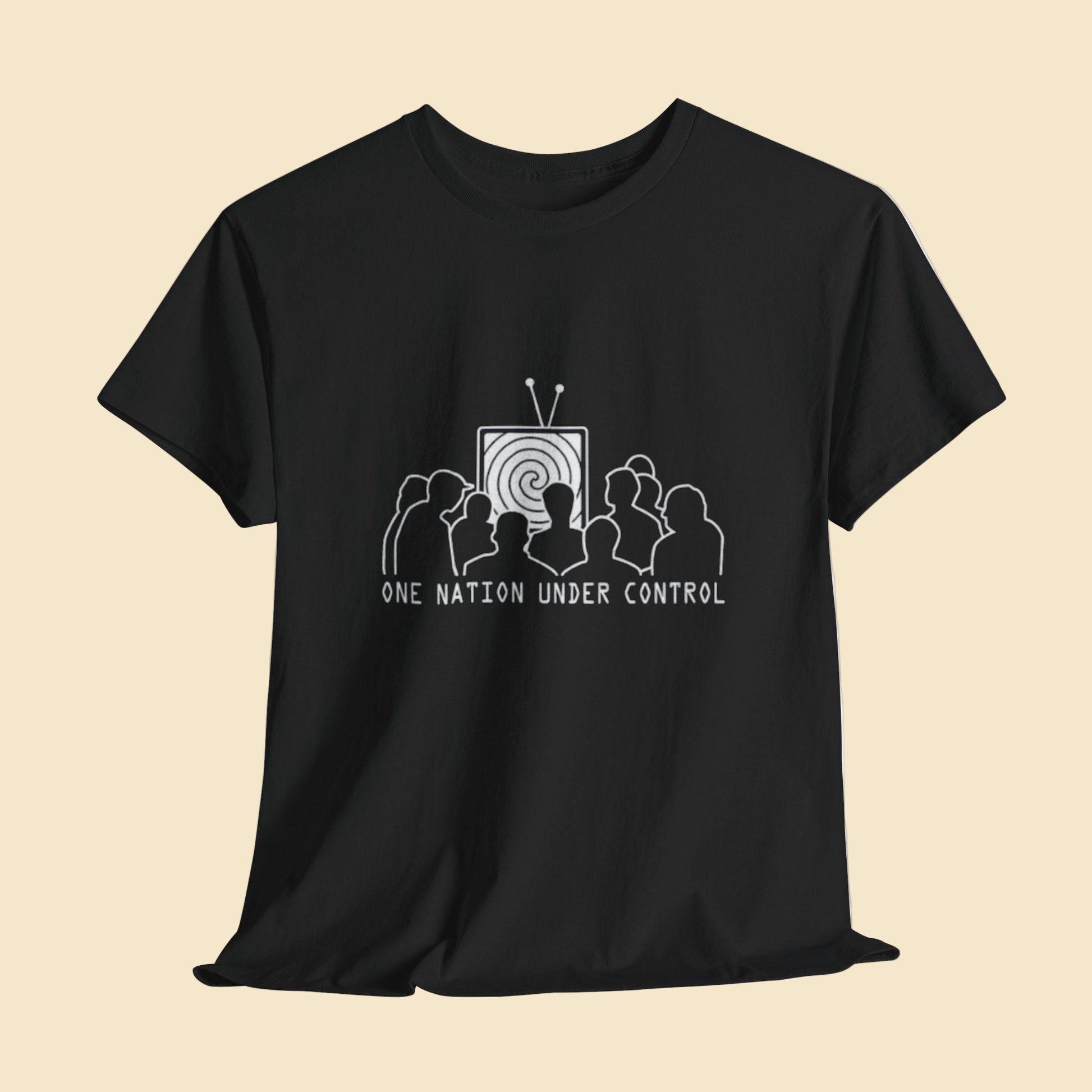 Black t-shirt with white graphic design and text 'ONE NATION UNDER CONTROL' on a light gray background