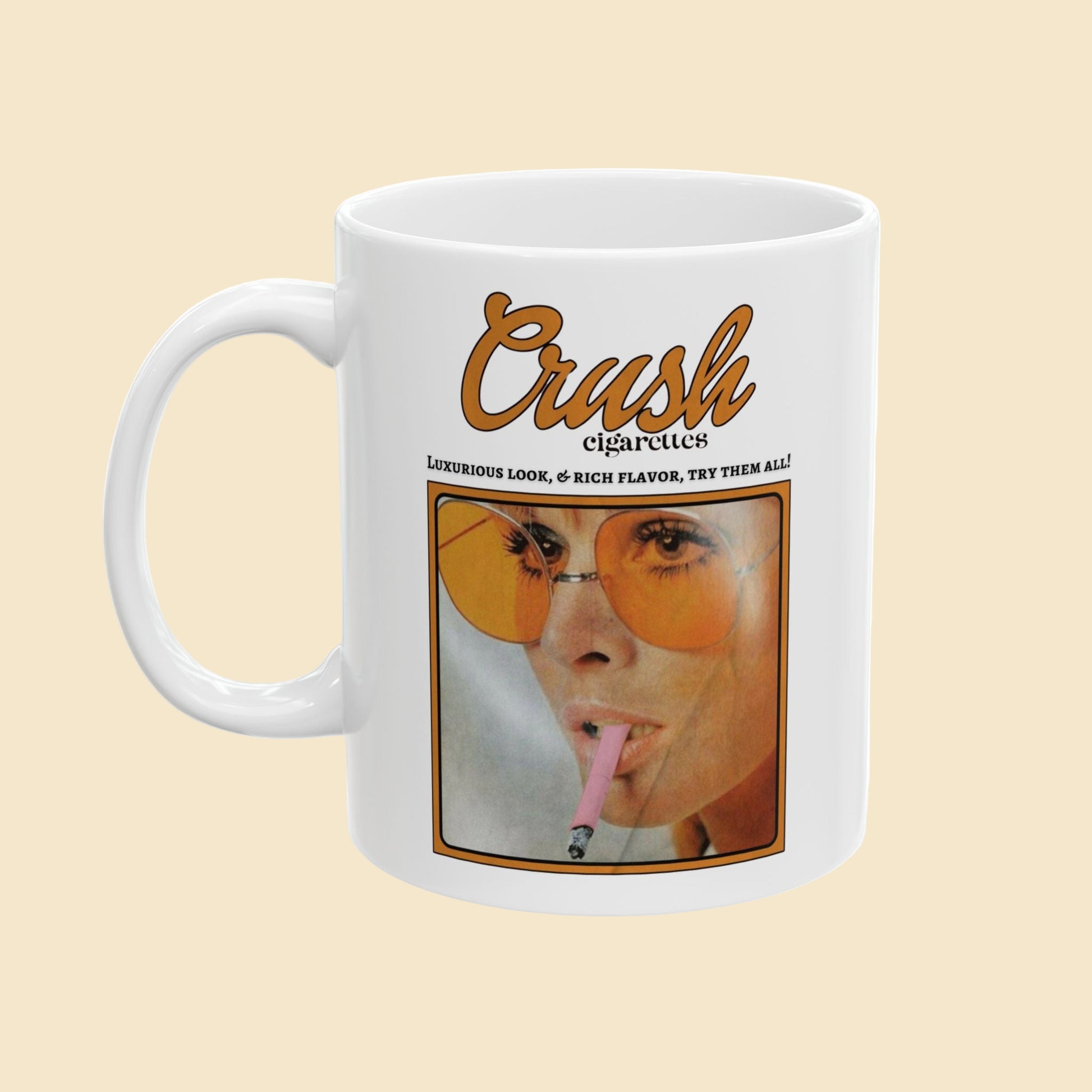 Mug with vintage advertisement for Crush cigarettes featuring a person smoking.