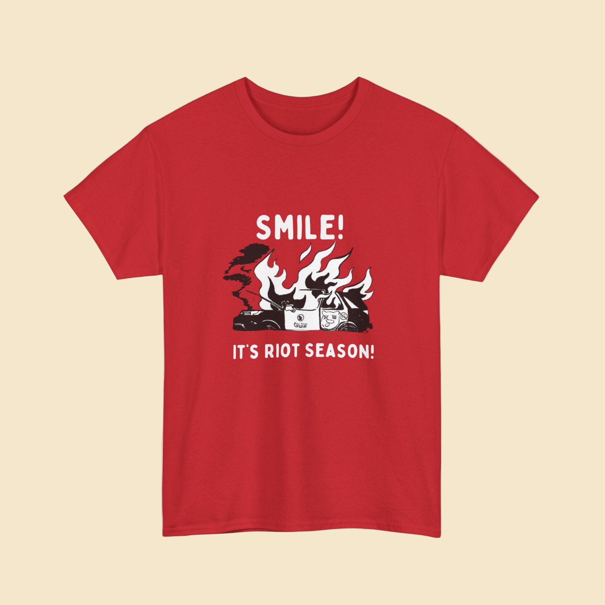 Retro Political Humor Tee – “Smile! It’s Riot Season!” Unisex Shirt