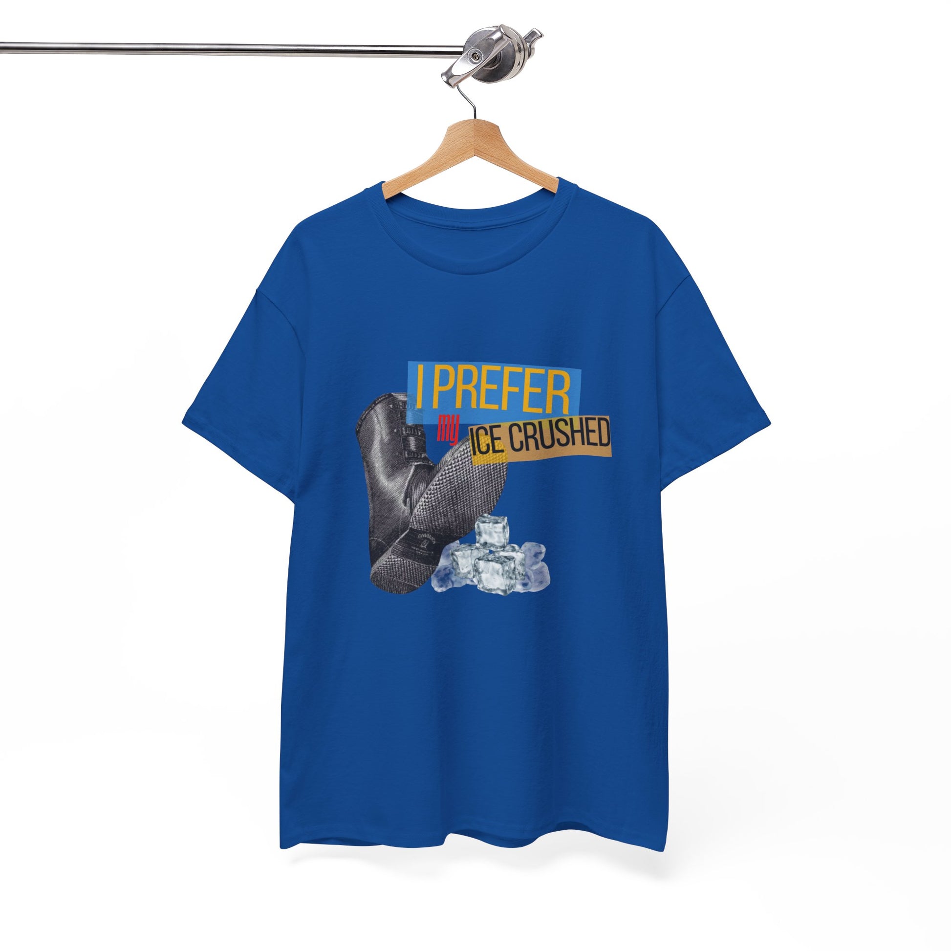 Blue t-shirt with graphic design and text on a hanger against a white background