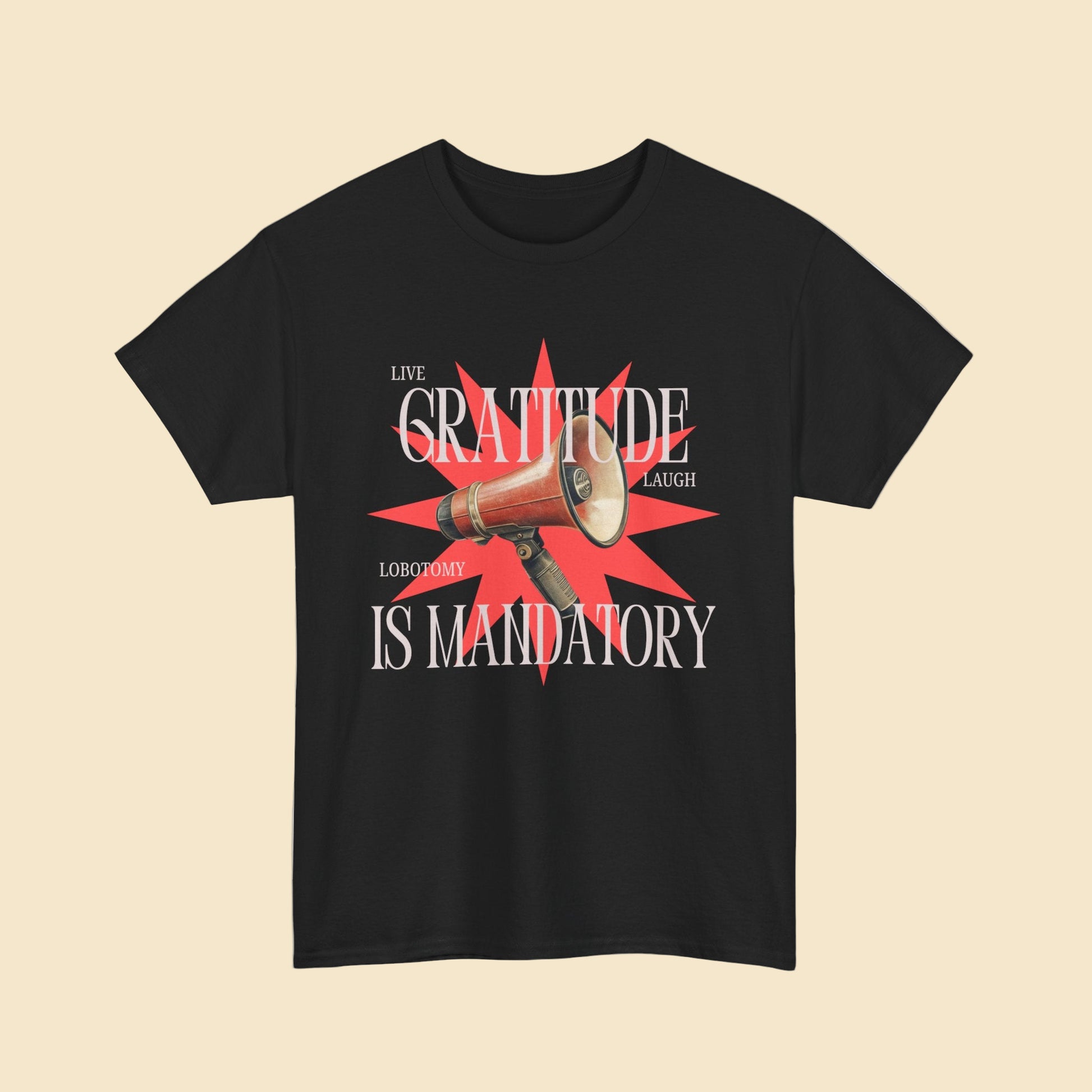 Black t-shirt with a graphic design featuring a megaphone and text on a white background