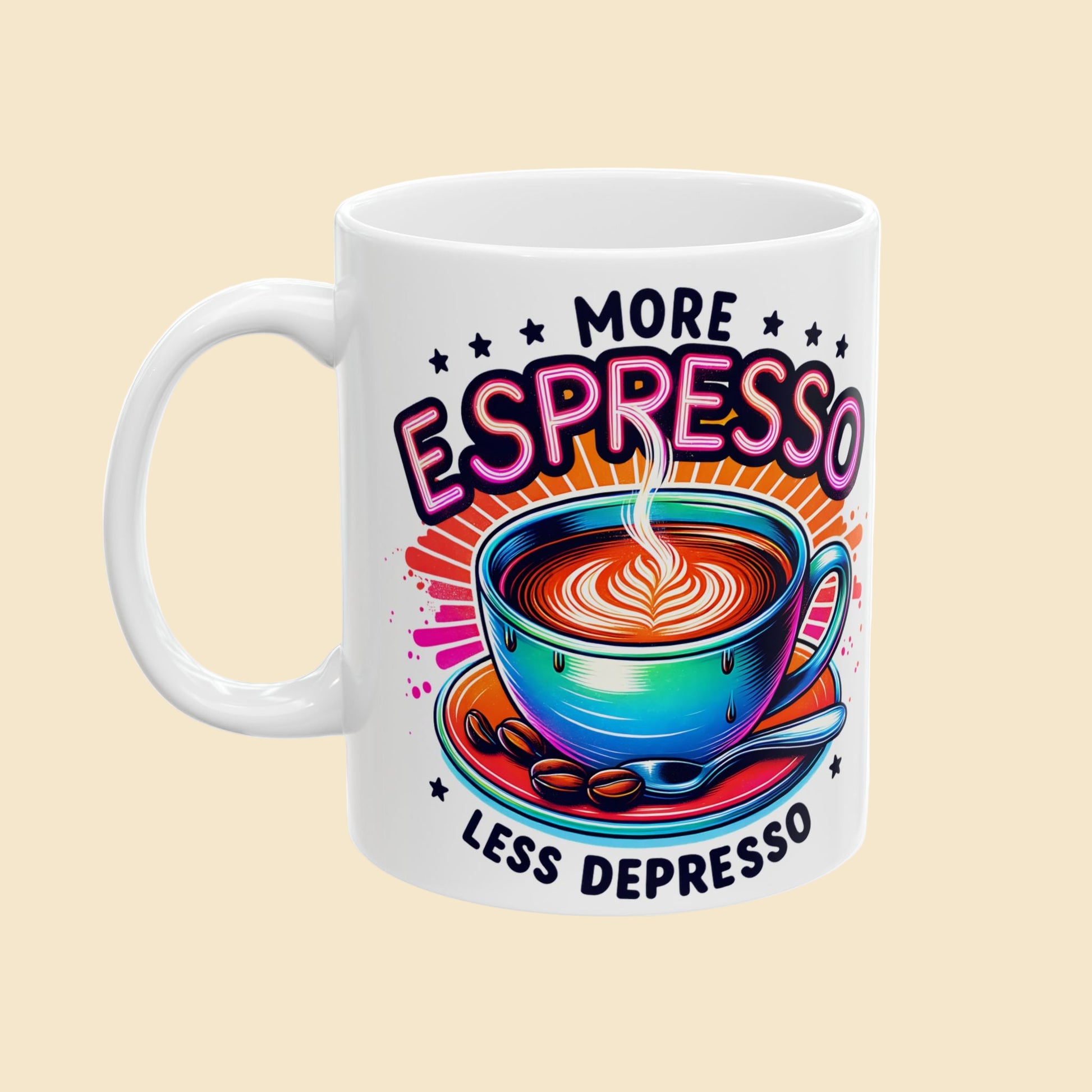 White mug with colorful espresso-themed design on a white background