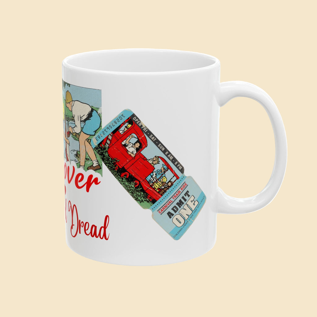 White mug with vintage-style cards featuring people and text on a white background