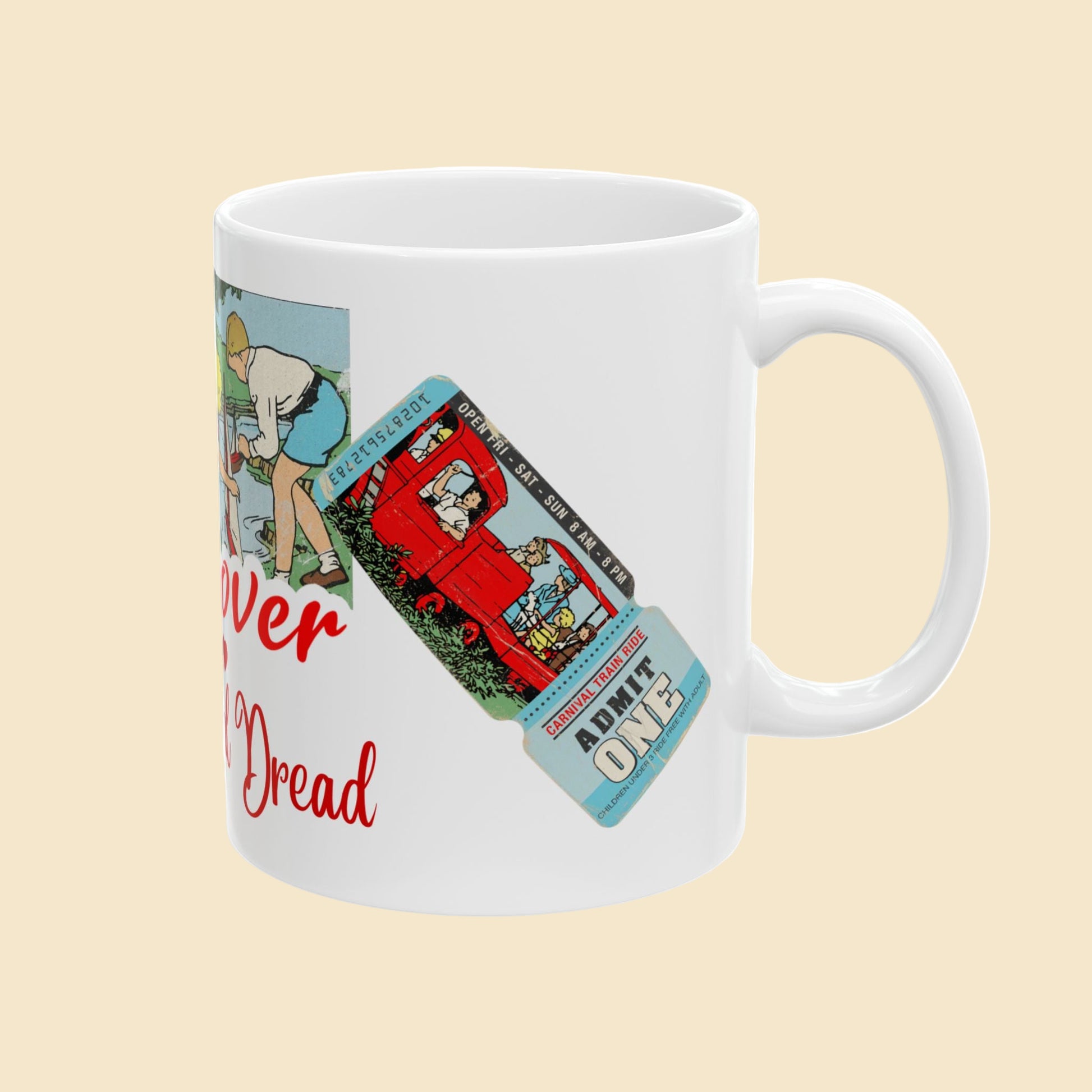 White mug with vintage-style cards featuring people and text on a white background