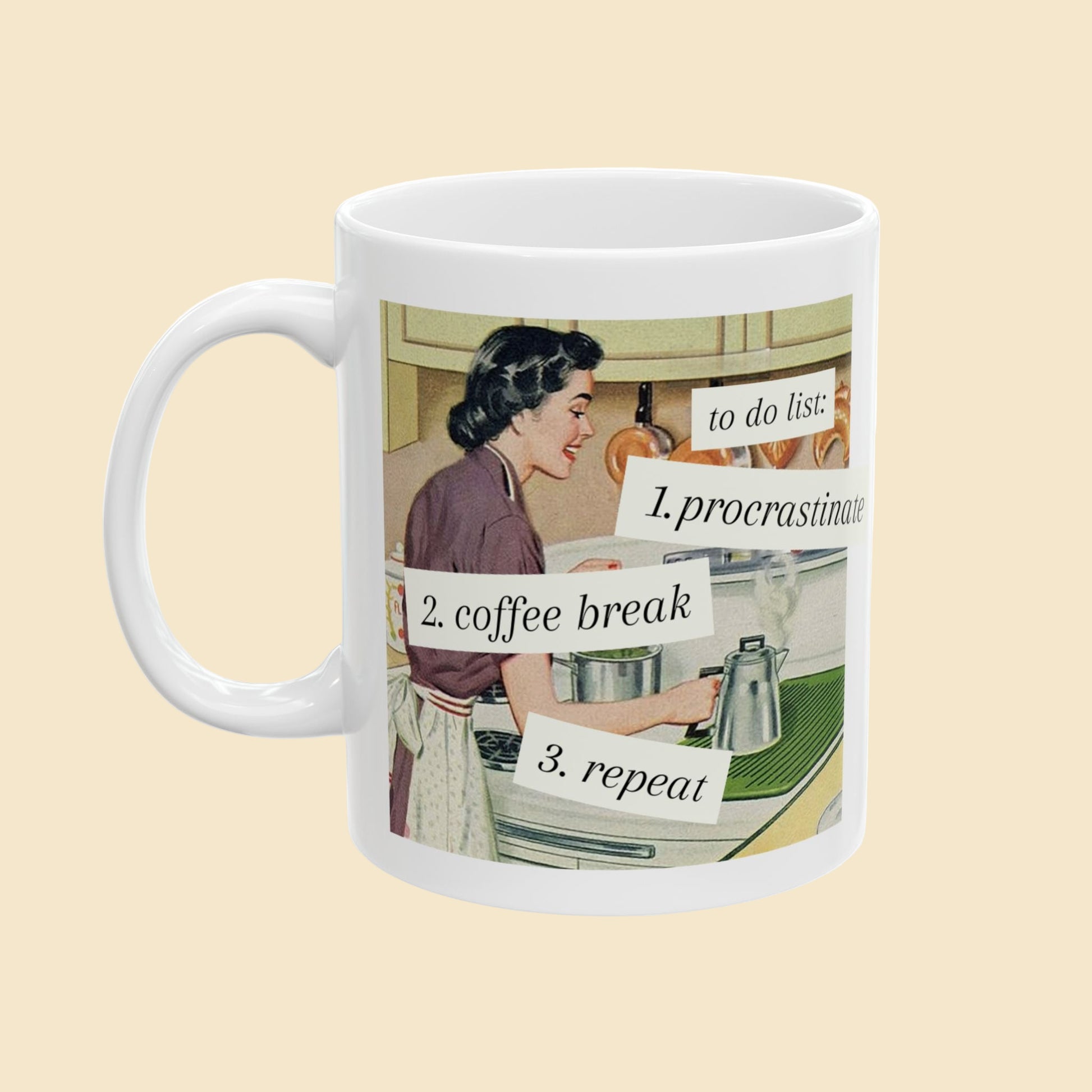 Mug with a vintage-style illustration of a woman and text on a white background