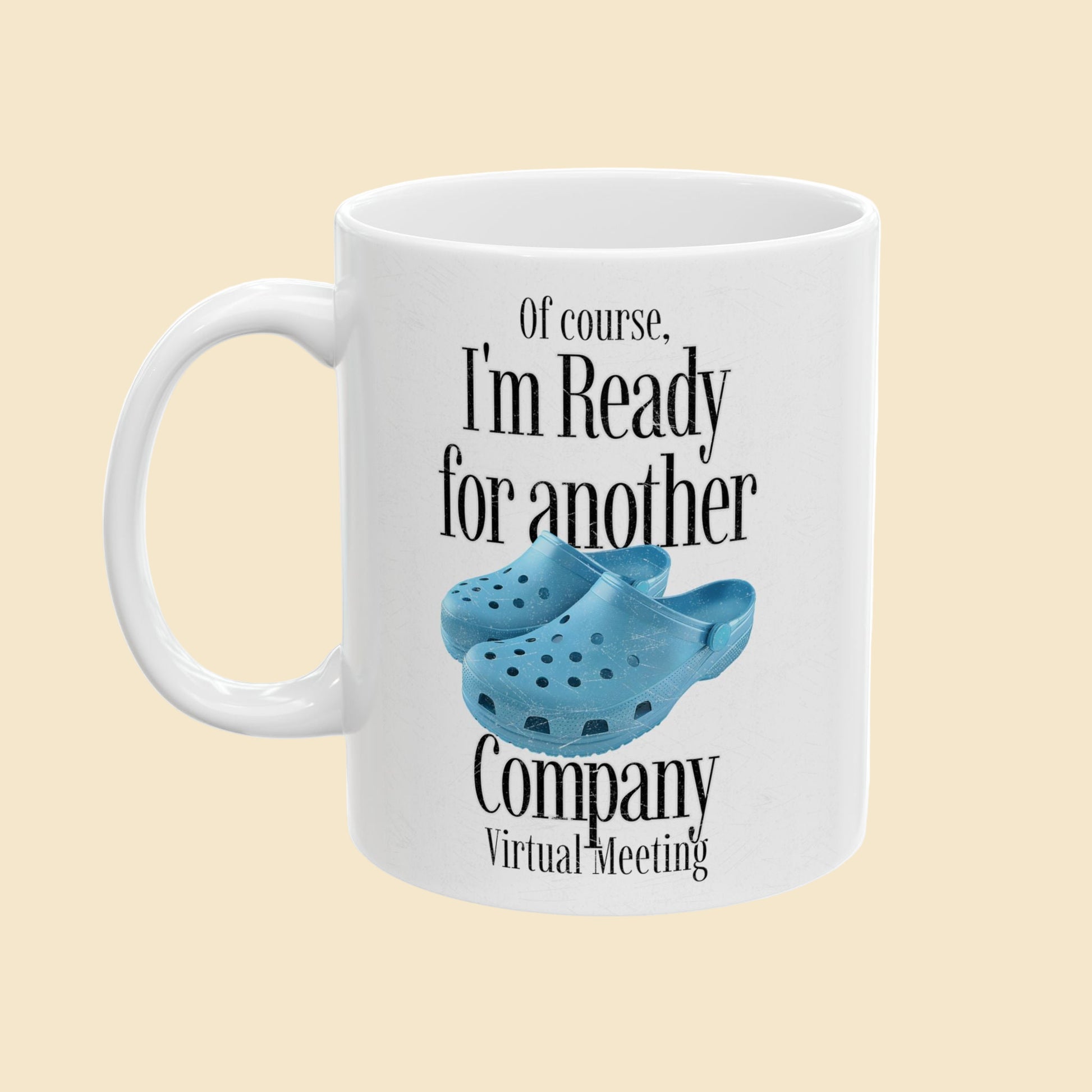 White mug with blue crocs graphic and text on a white background