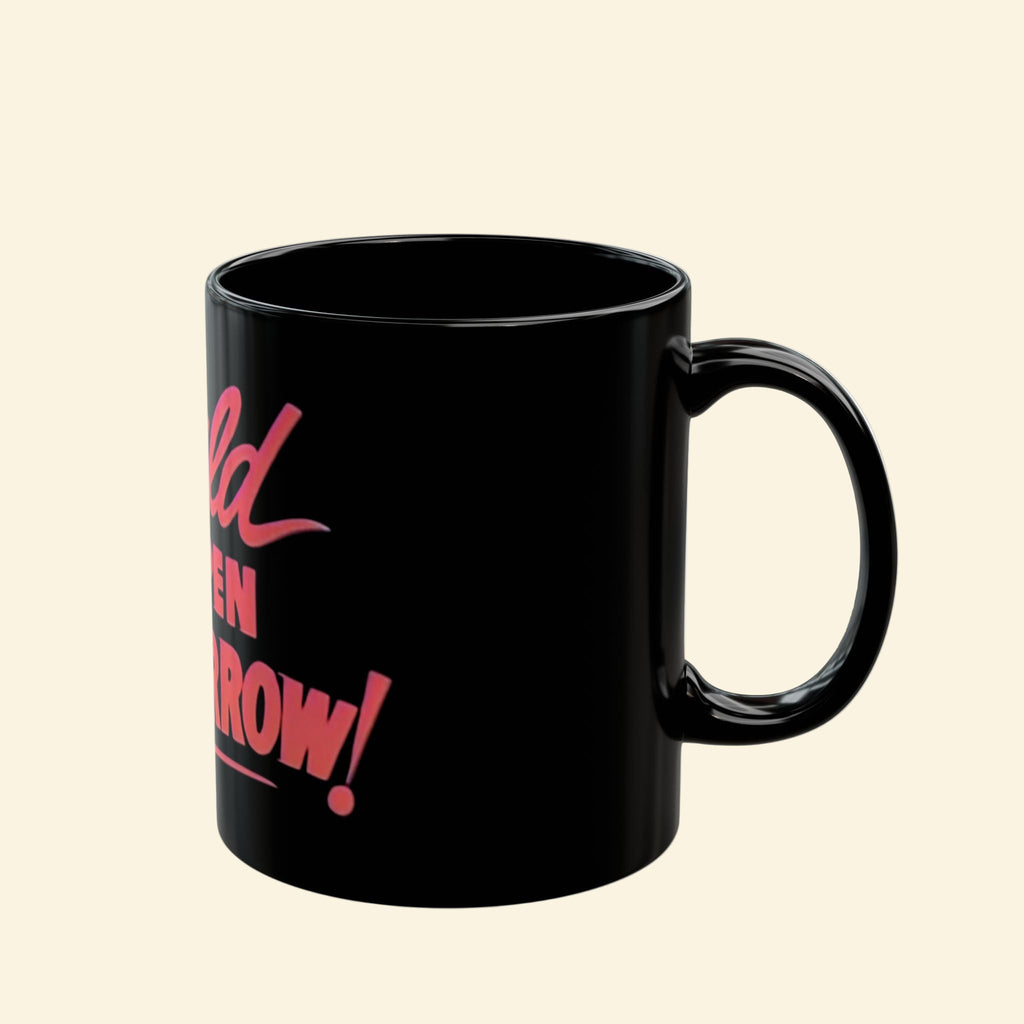 Black mug with red text on a white background
