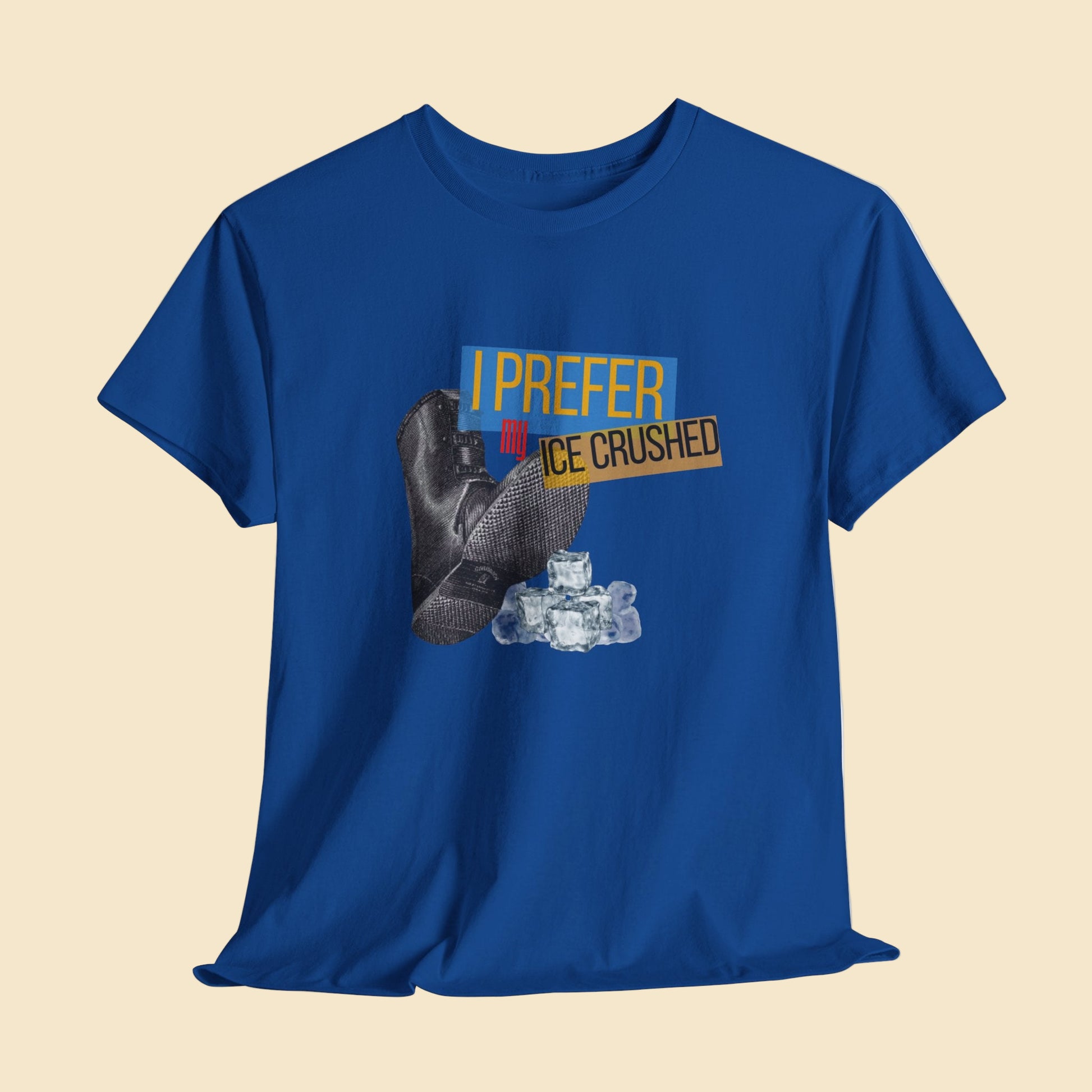 Blue t-shirt with graphic design and text 'I PREFER ICE CRUSHED' on a light gray background