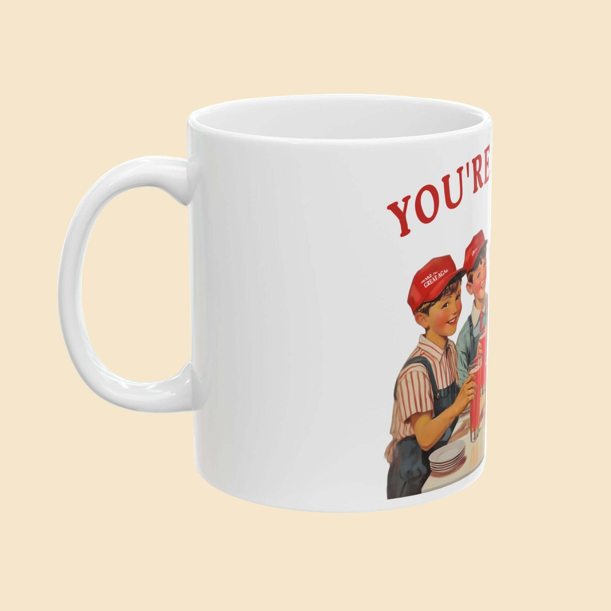 White mug with vintage-style graphic of a woman and man hugging, with text 'YOU'RE MY FAVOURITE PERSON' on a white background.