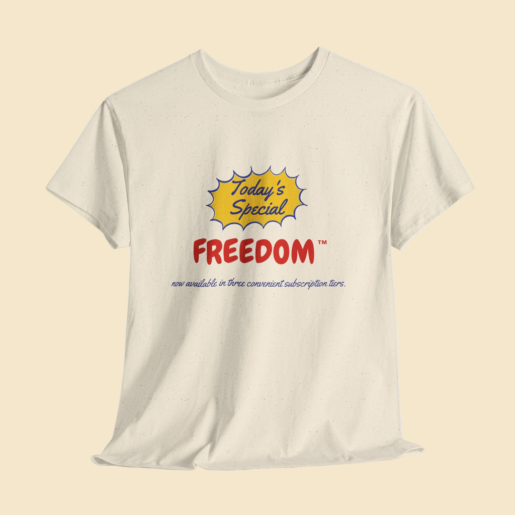 Beige t-shirt with 'Today's Special Freedom' graphic on a light gray background