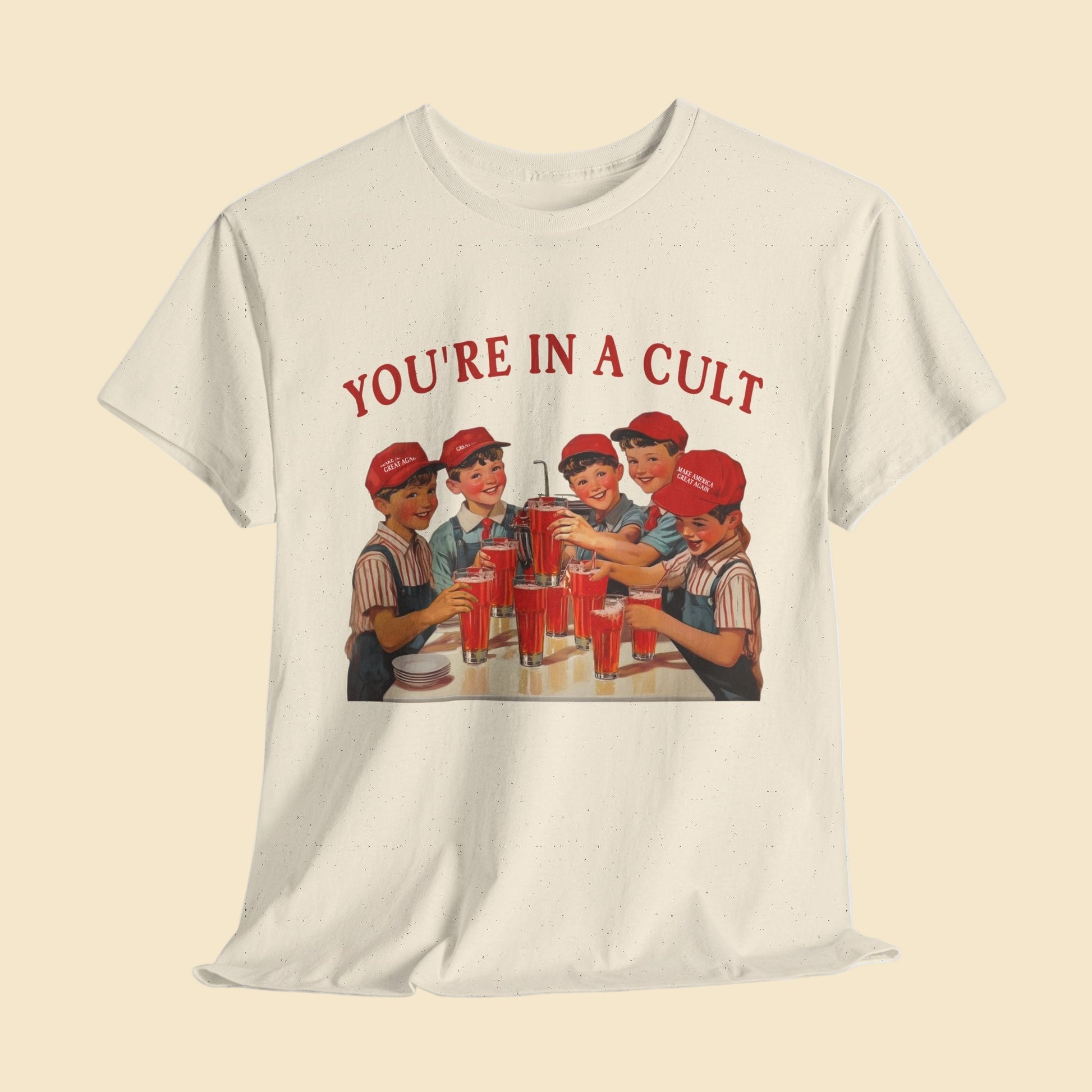 Beige t-shirt with graphic design and text 'YOU'RE IN A CULT' on a white background