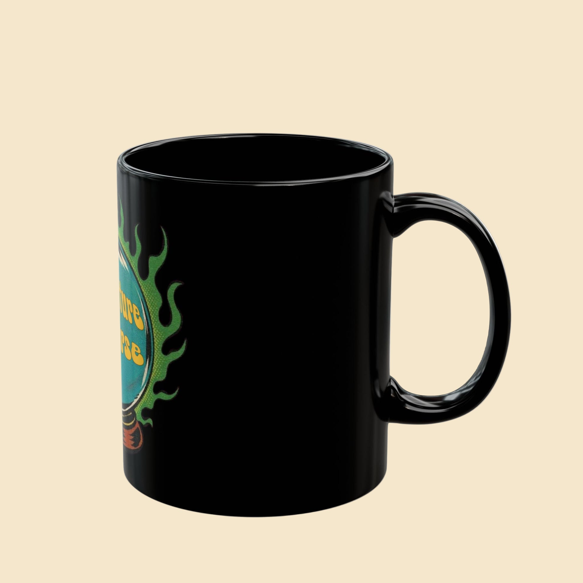 Black mug with a colorful design on a white background