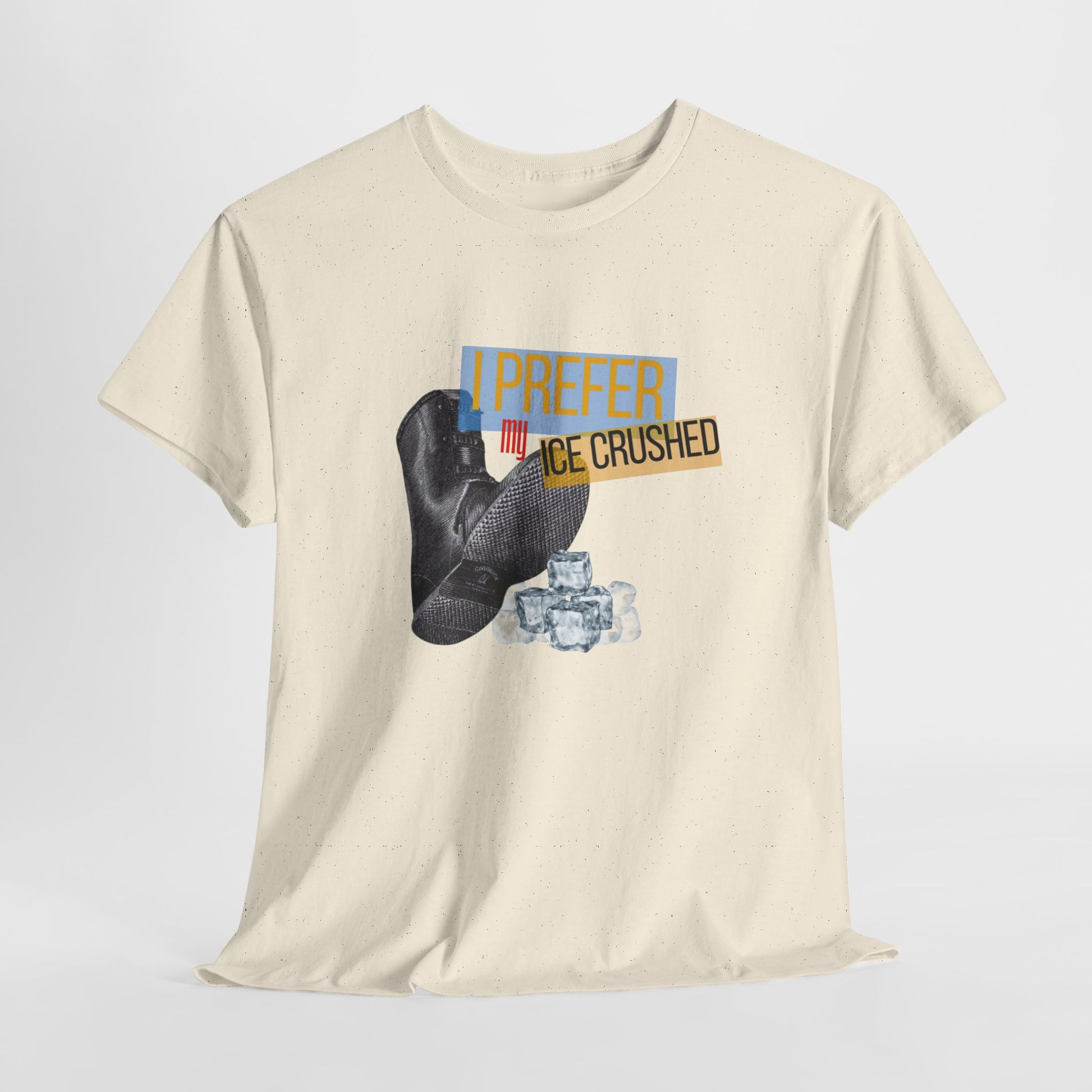 Beige t-shirt with graphic design of a hand holding ice cubes and text on a light gray background