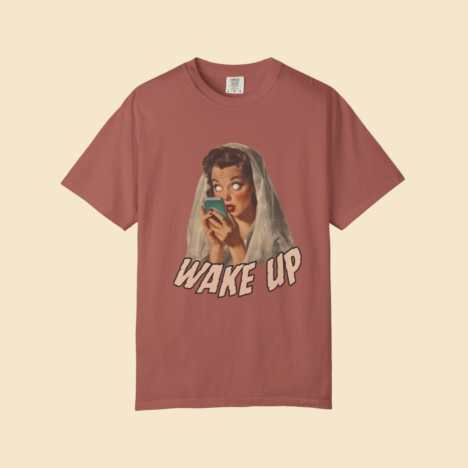 Red t-shirt with graphic design and 'Wake Up' text on a white background