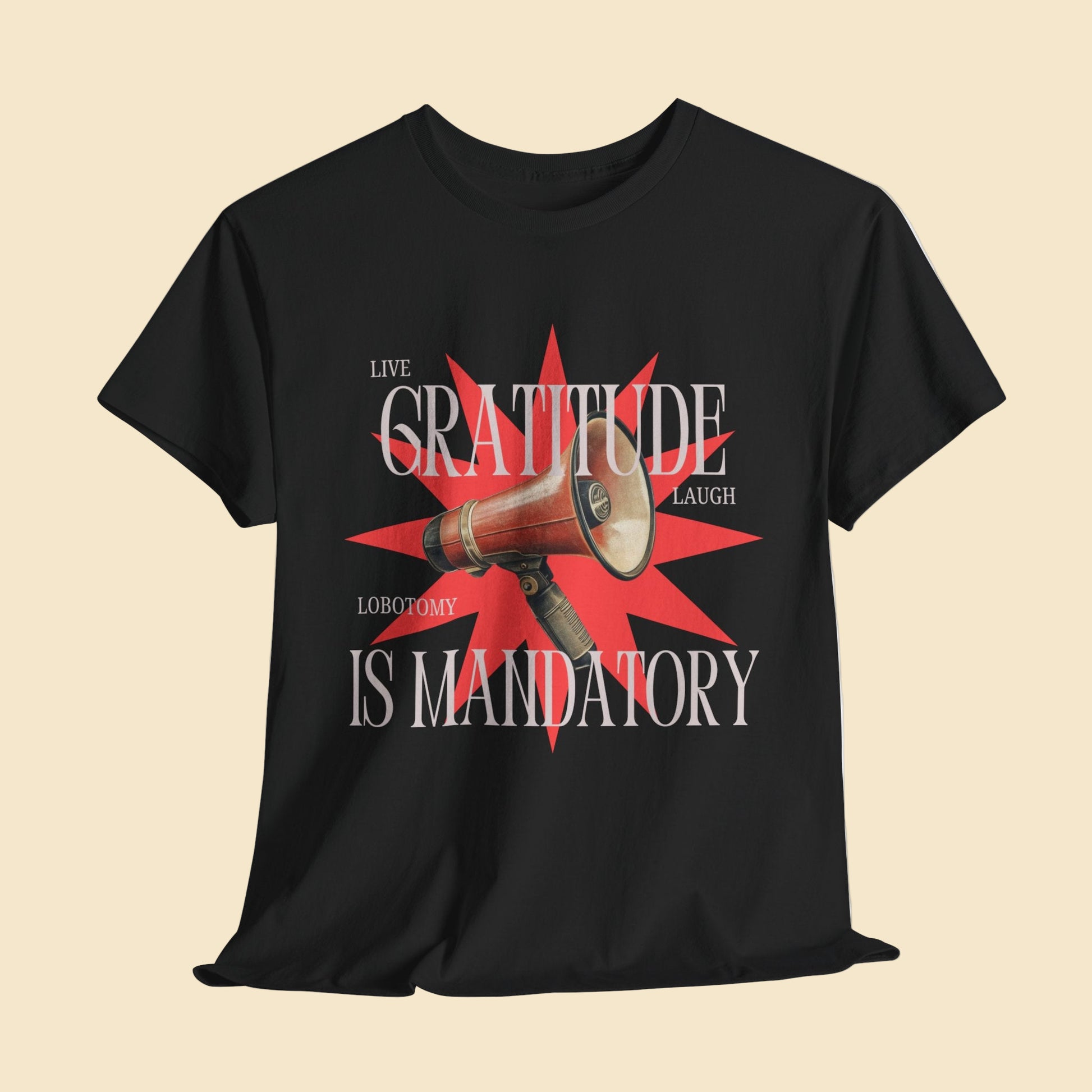 Black t-shirt with a graphic design featuring a megaphone and text on a white background
