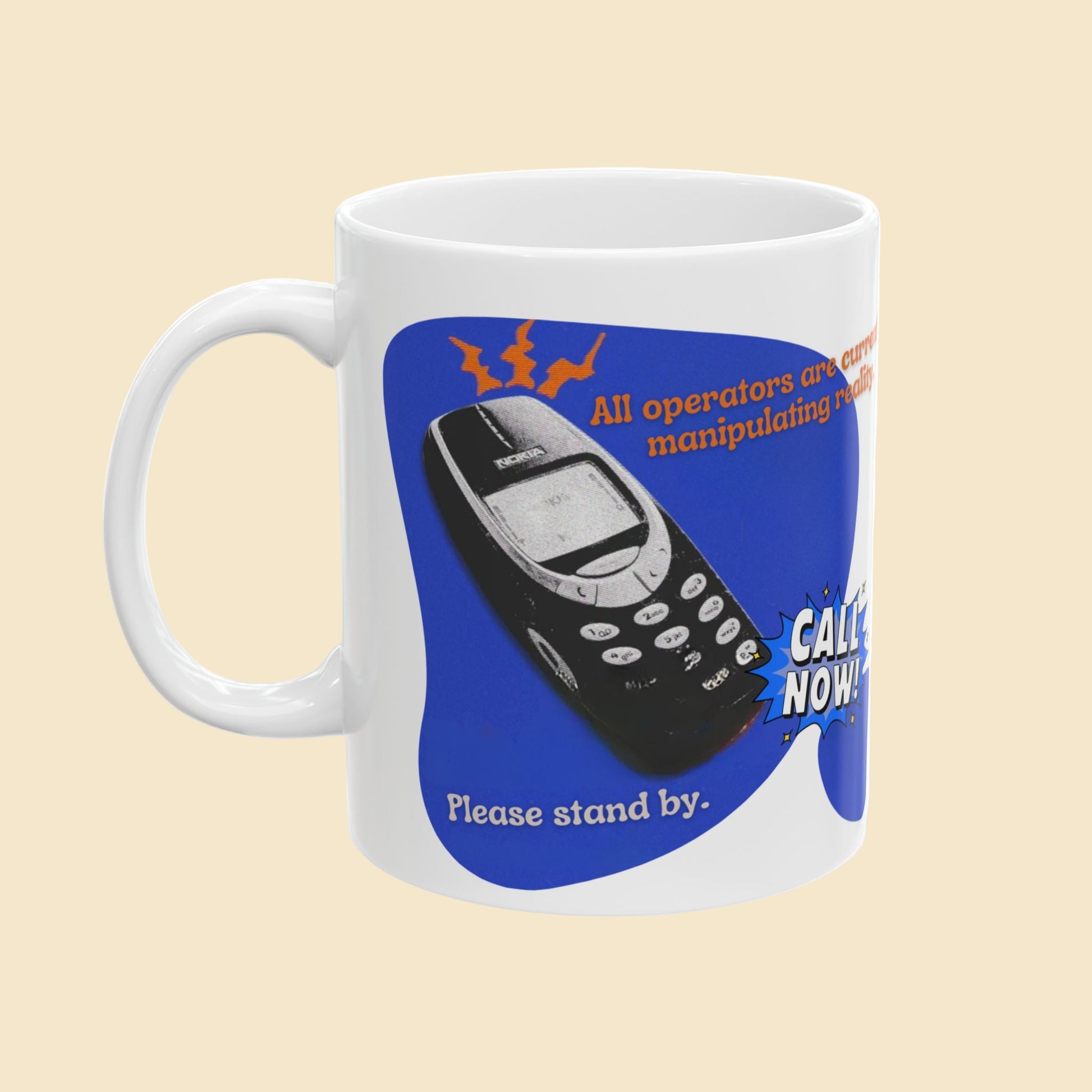 Mug with a retro phone design and text on a white background