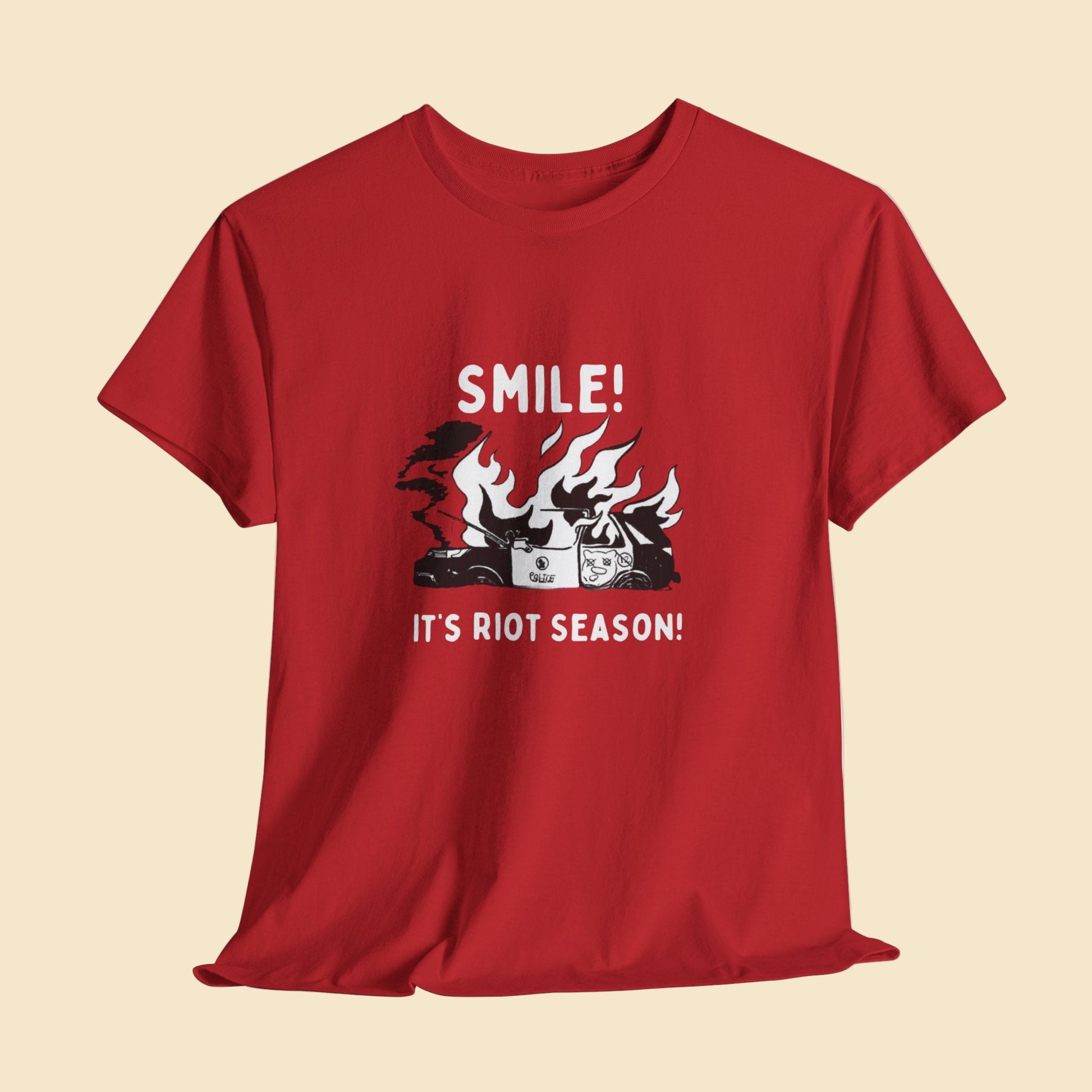 Red t-shirt with graphic design and text on a white background