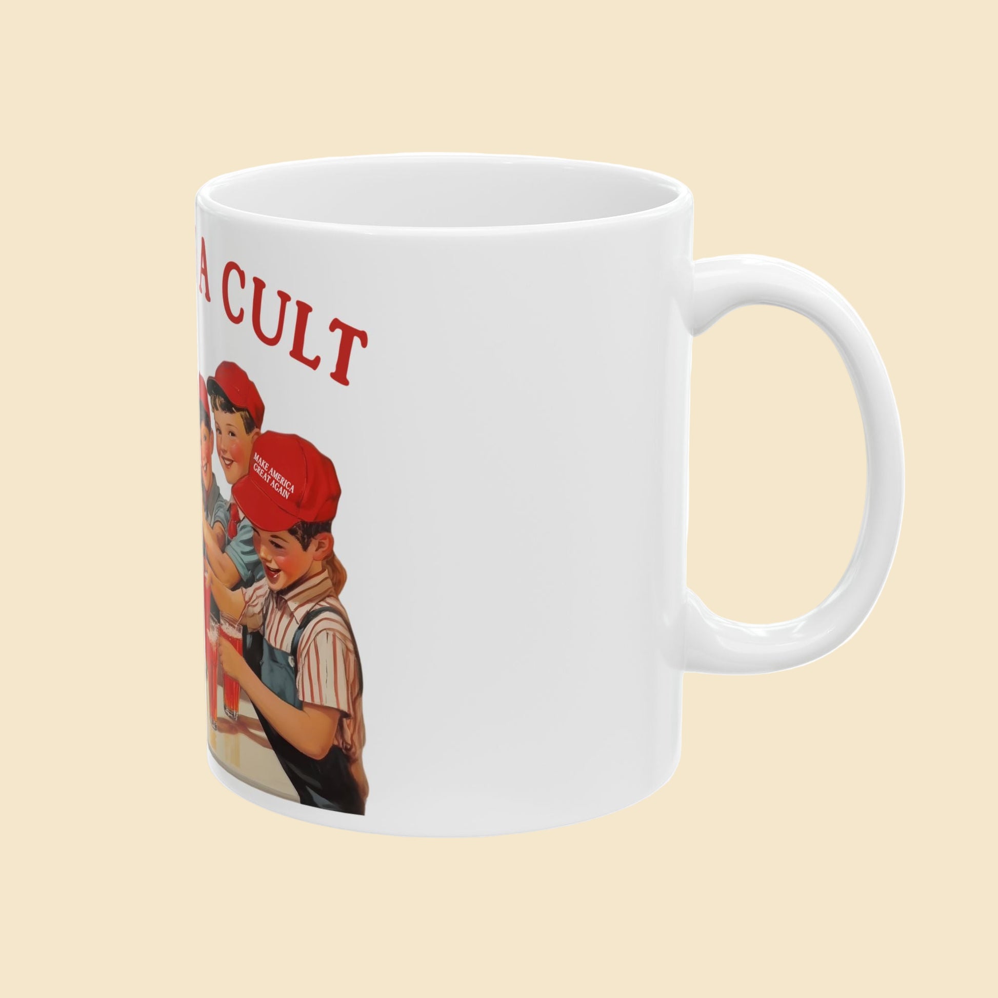 White mug with graphic design of two children and the word 'Cult' on a white background