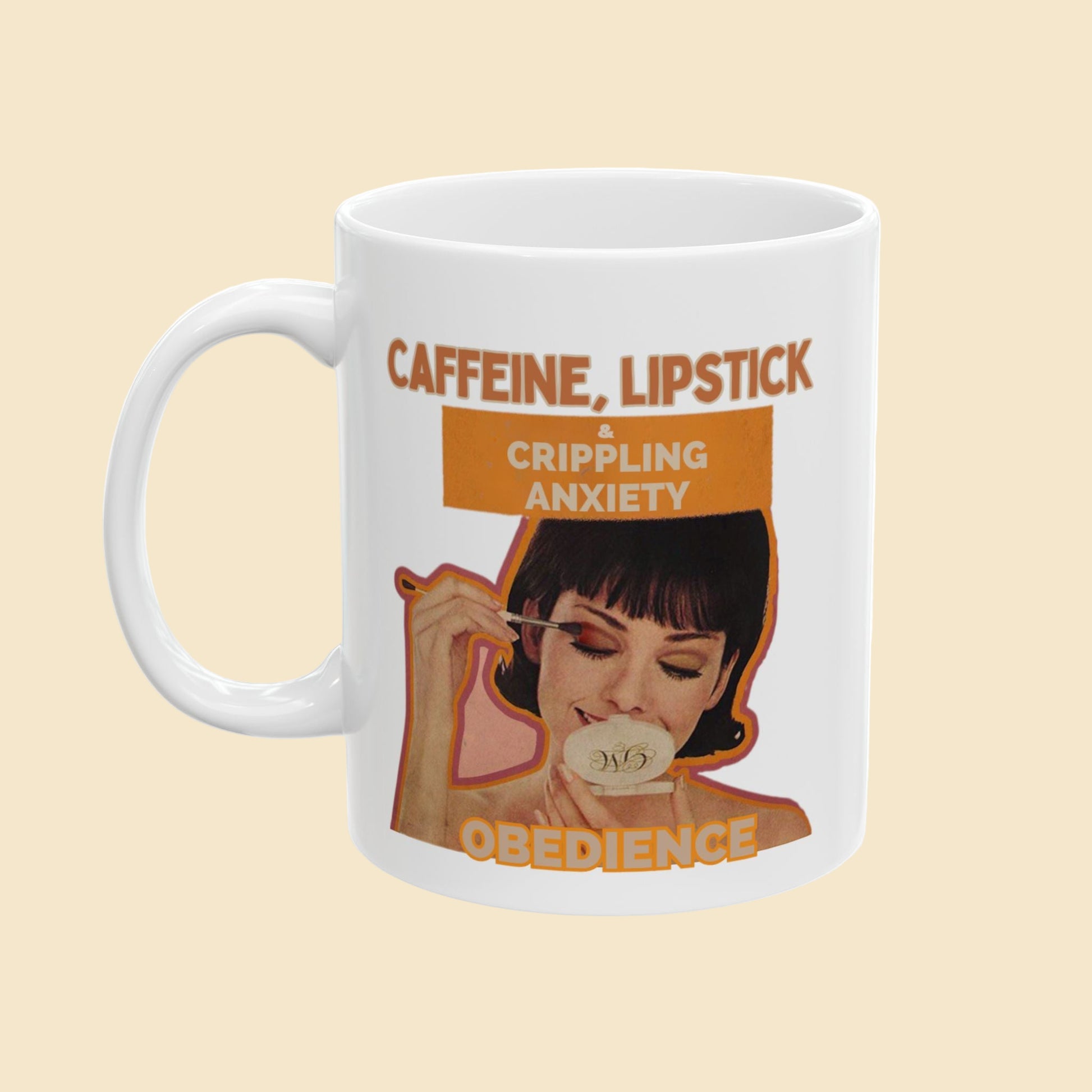 White mug with graphic design and text on a white background