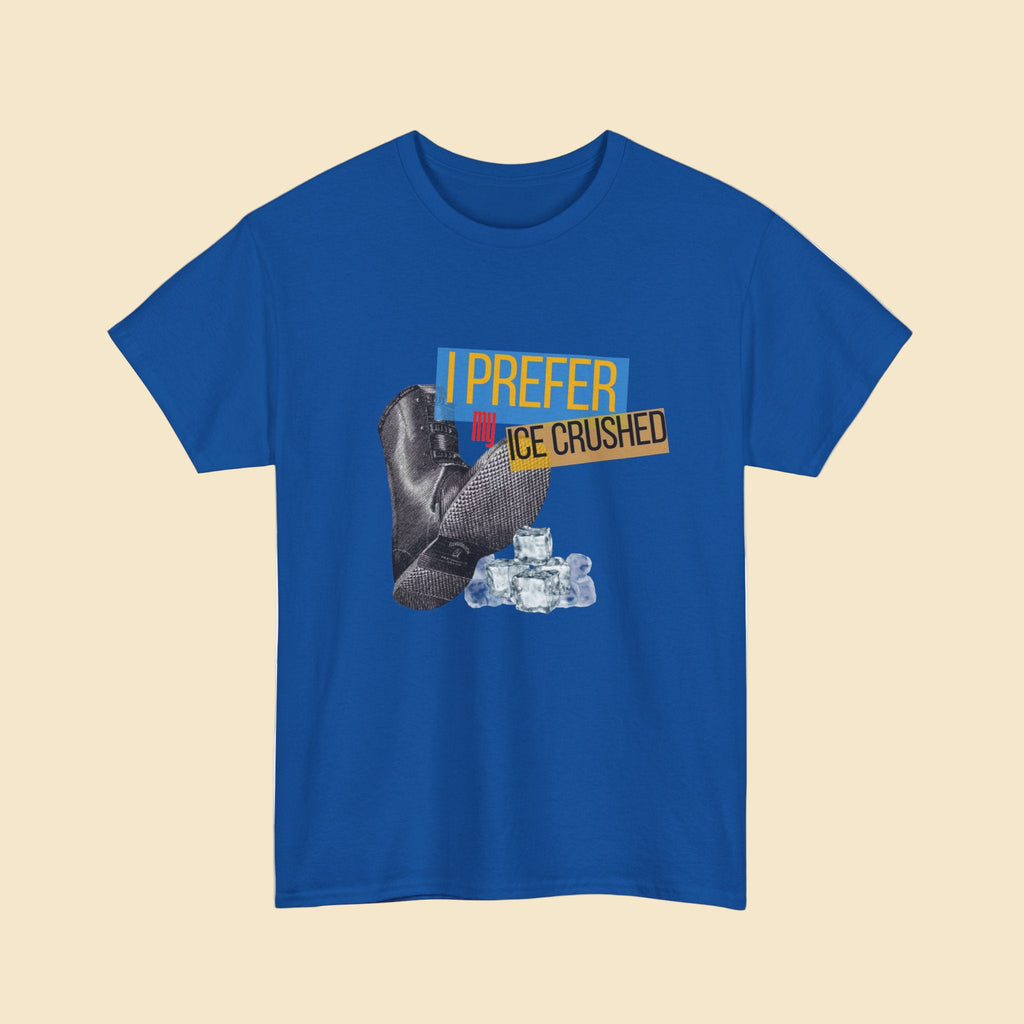 Blue t-shirt with graphic design and text on a white background