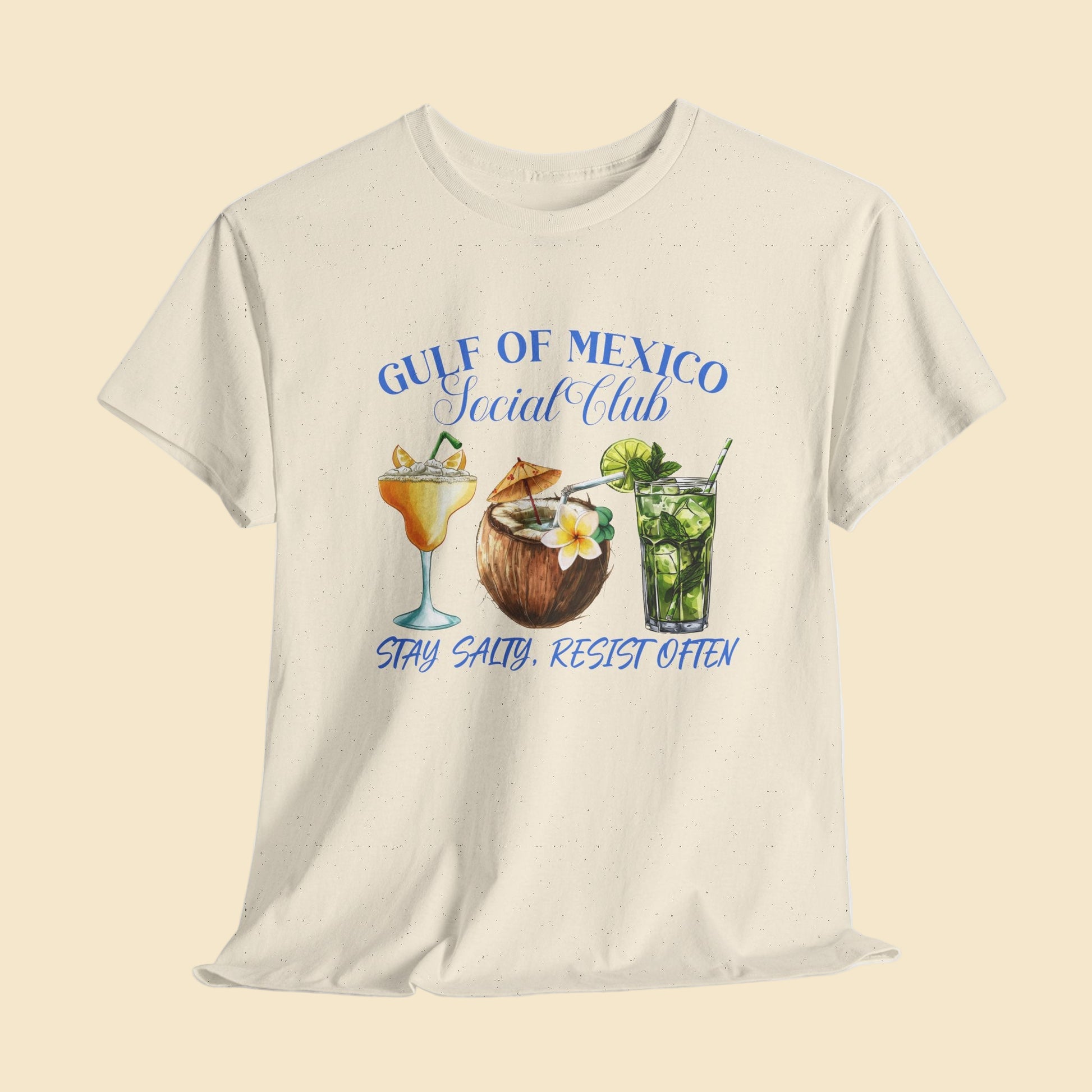 Beige t-shirt with Gulf of Mexico Social Club graphic and cocktail illustrations on a light gray background