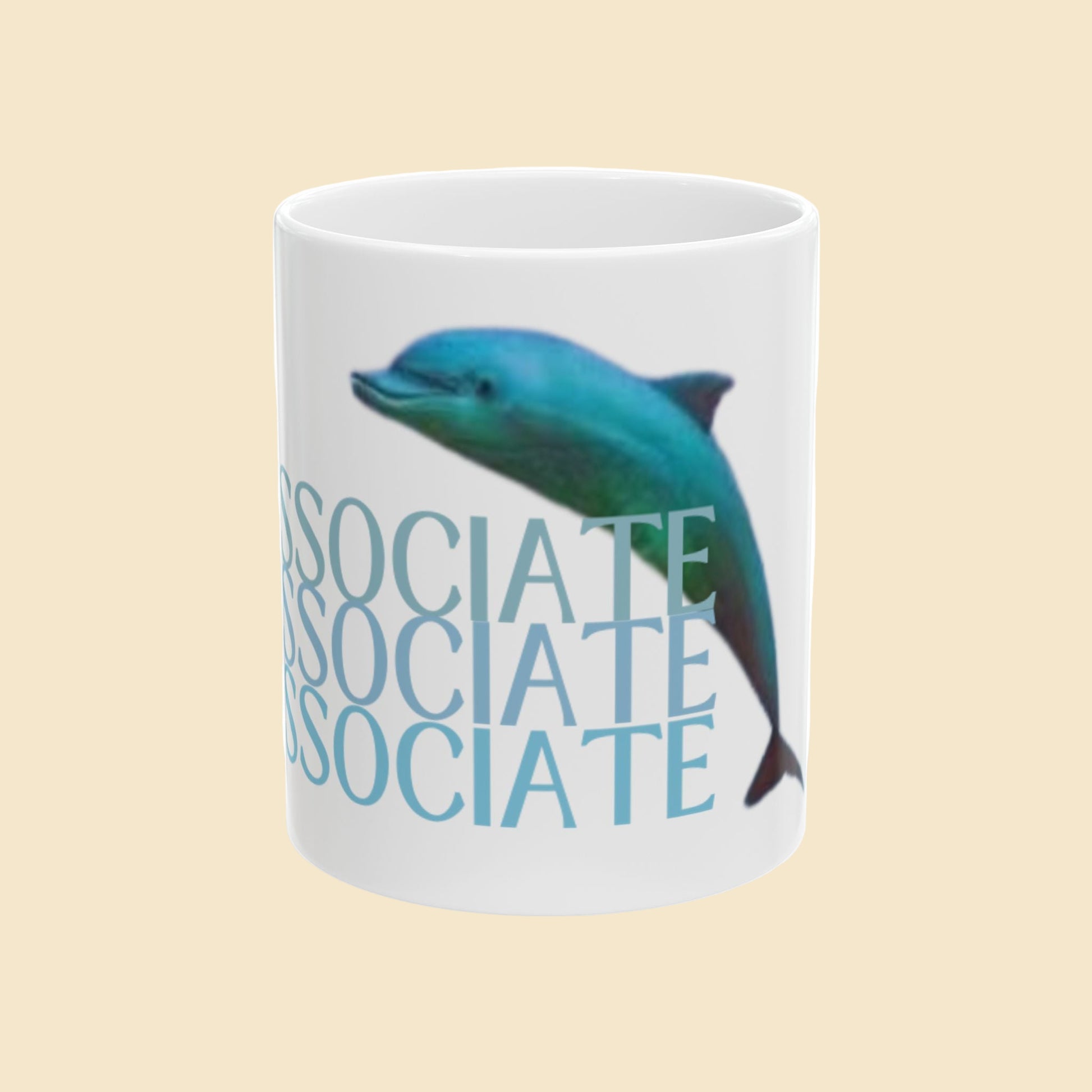 White mug with a dolphin graphic and 'ASSOCIATE' text on a white background