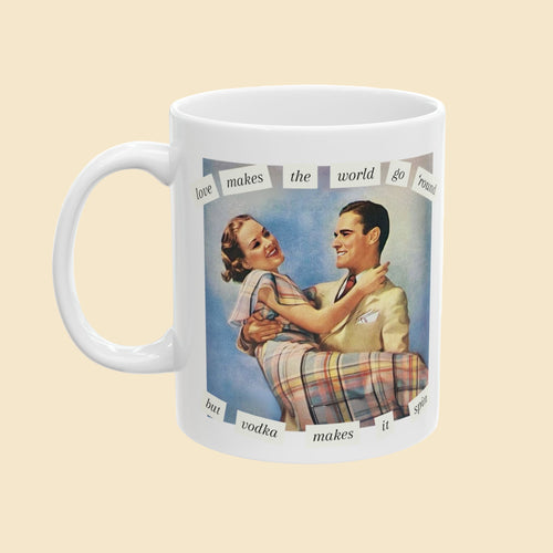 Mug with a vintage-style illustration of a couple and humorous text on a white background