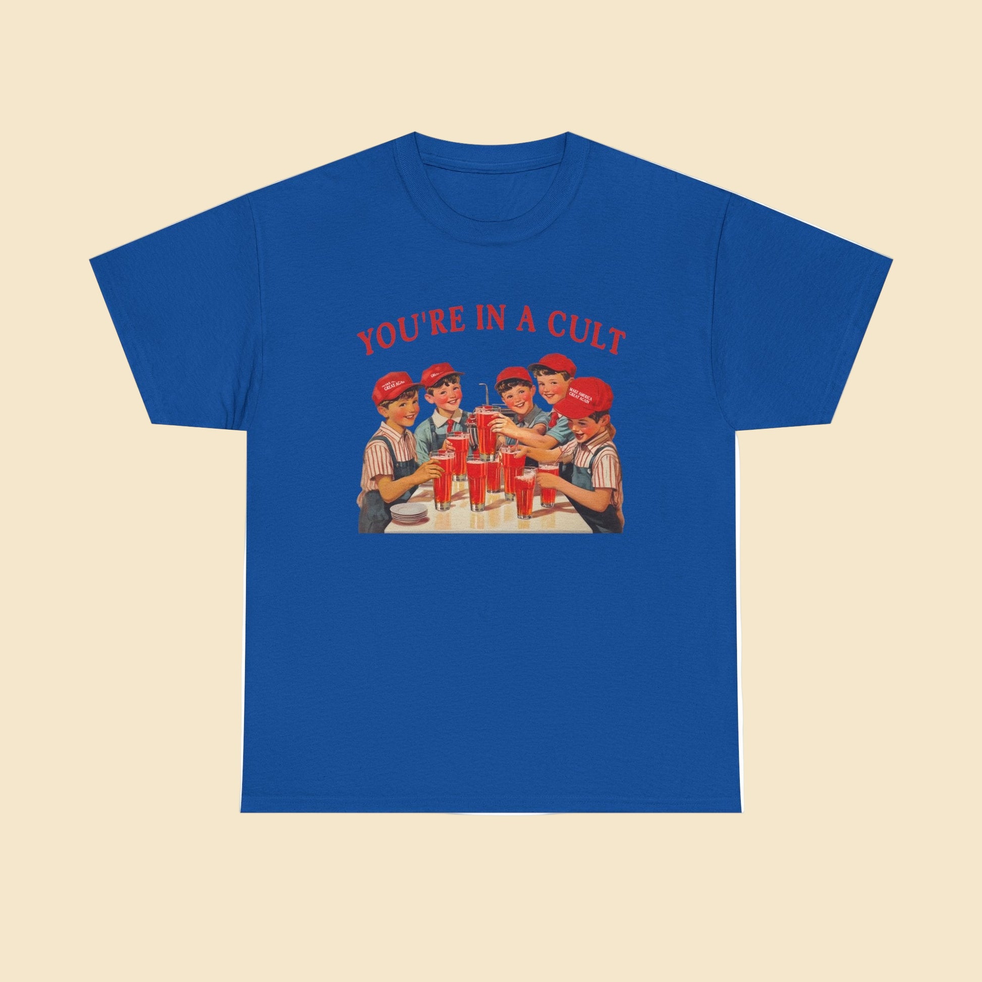 Blue t-shirt with graphic design and text on a white background