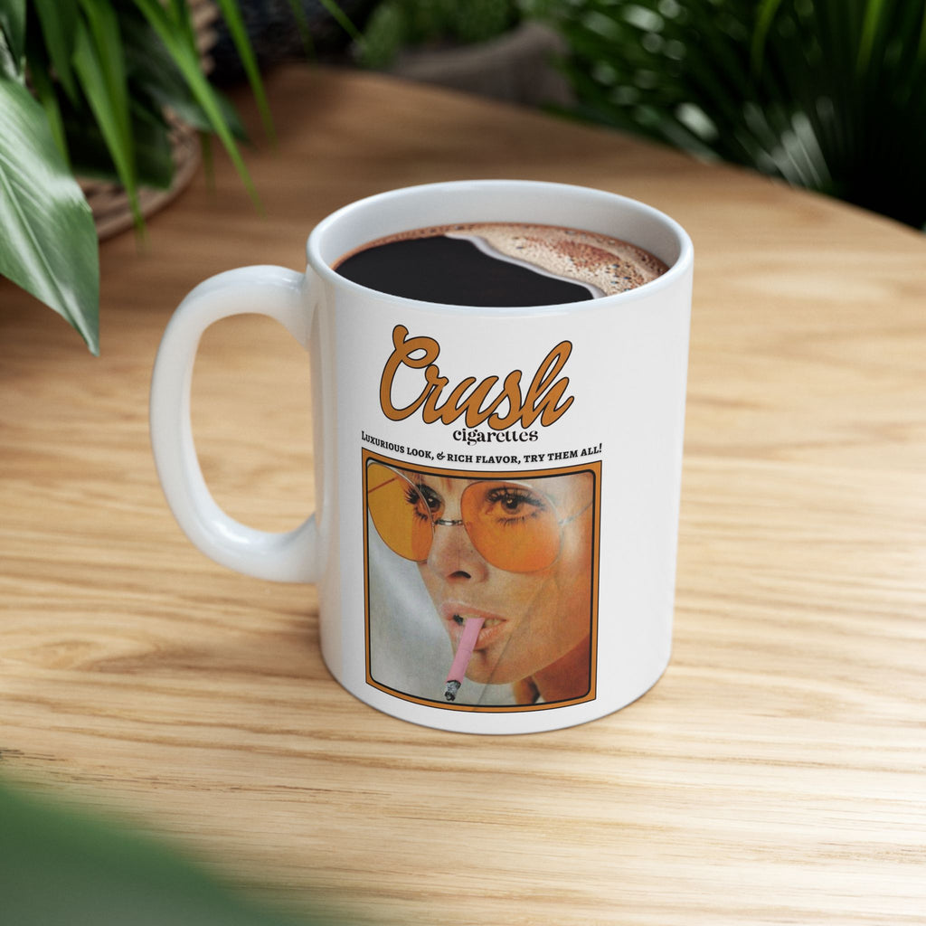 Mug with vintage-style advertisement on a wooden surface