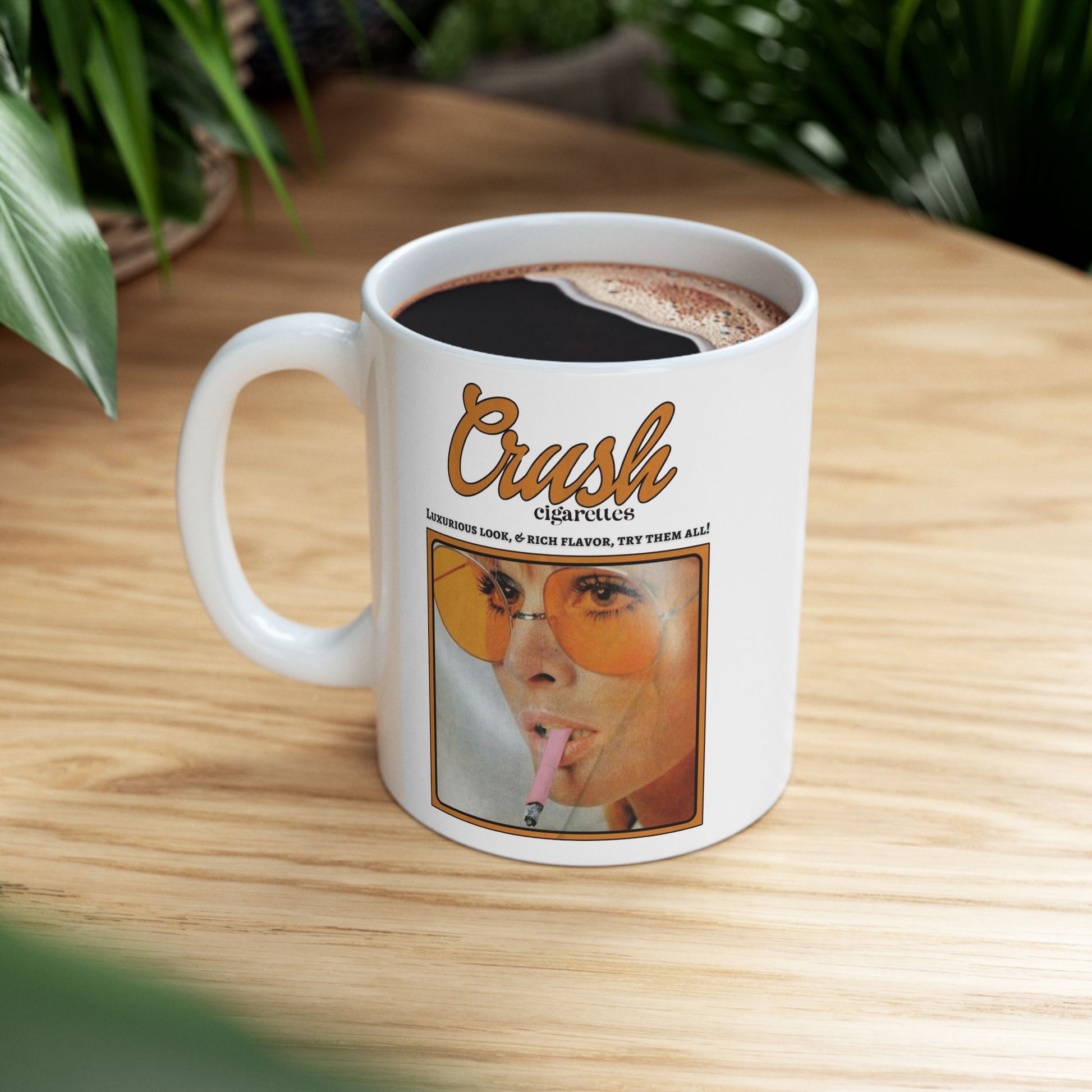 Mug with vintage-style advertisement on a wooden surface