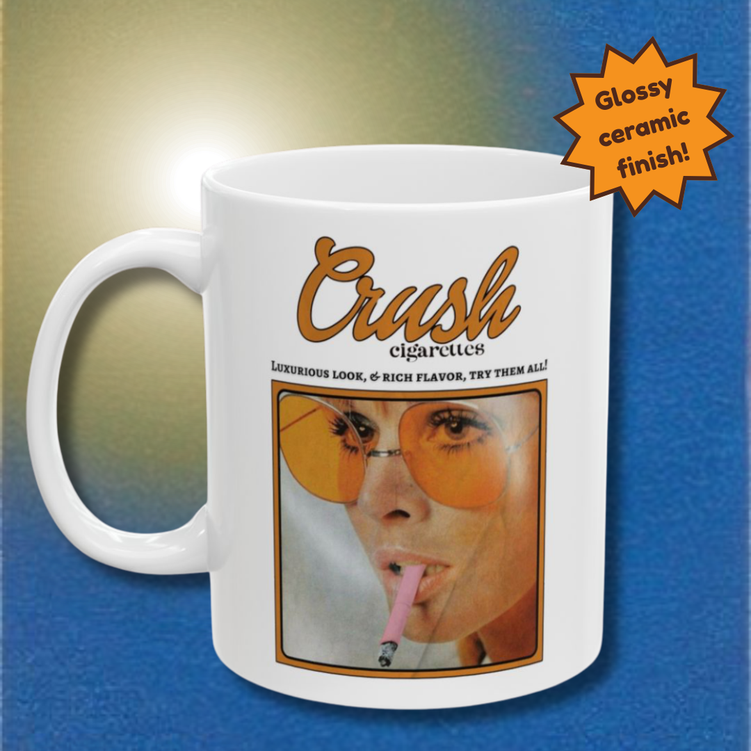 Mug with vintage Crush cigarettes advertisement on a gradient background
