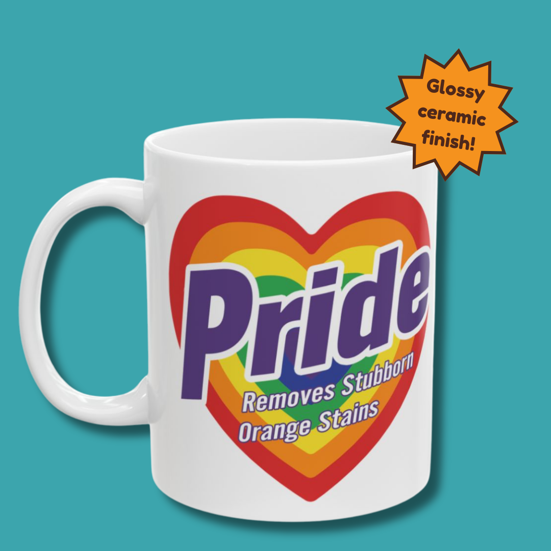 White mug with rainbow heart design and 'Pride' text on a teal background