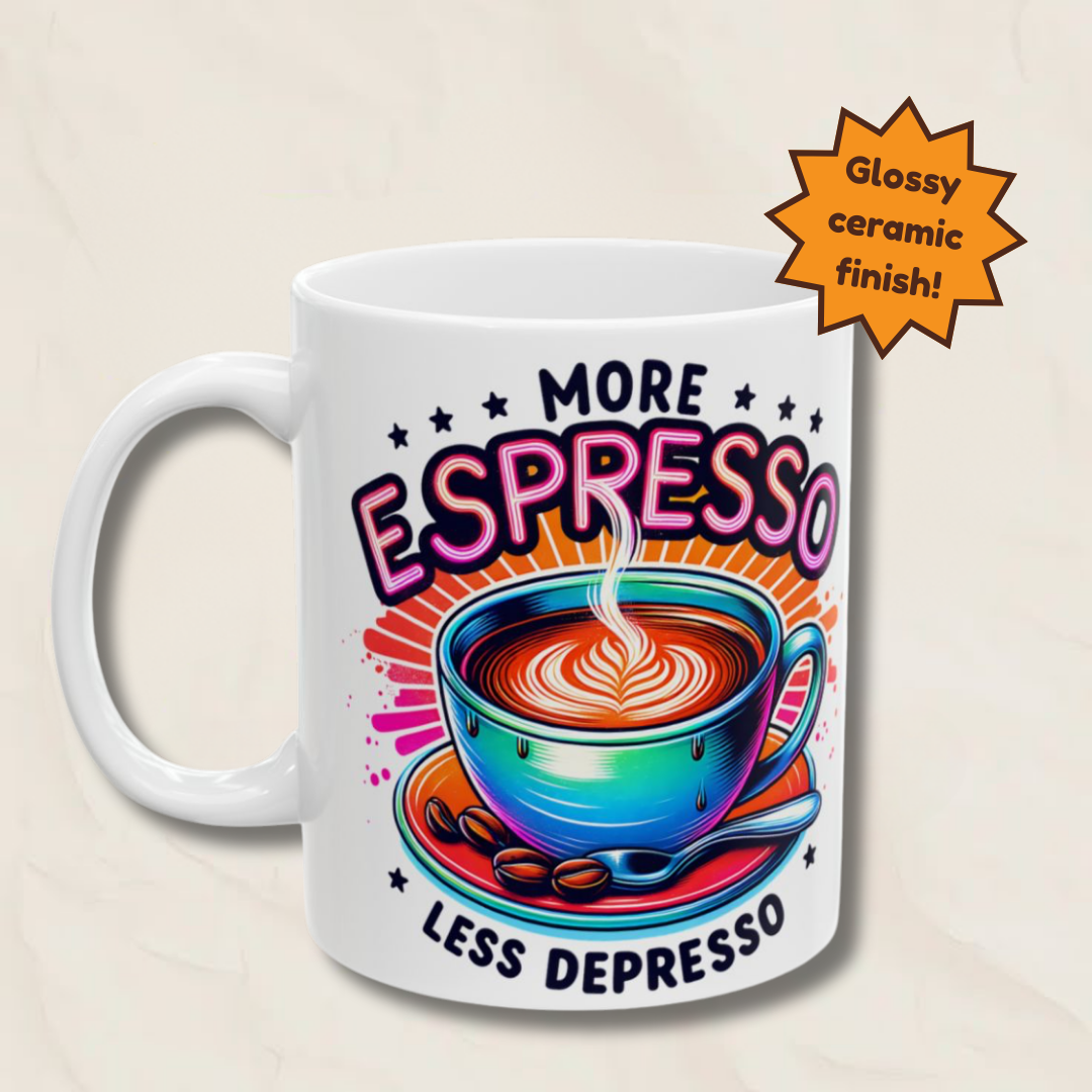 White mug with colorful coffee-themed design and text on a beige background