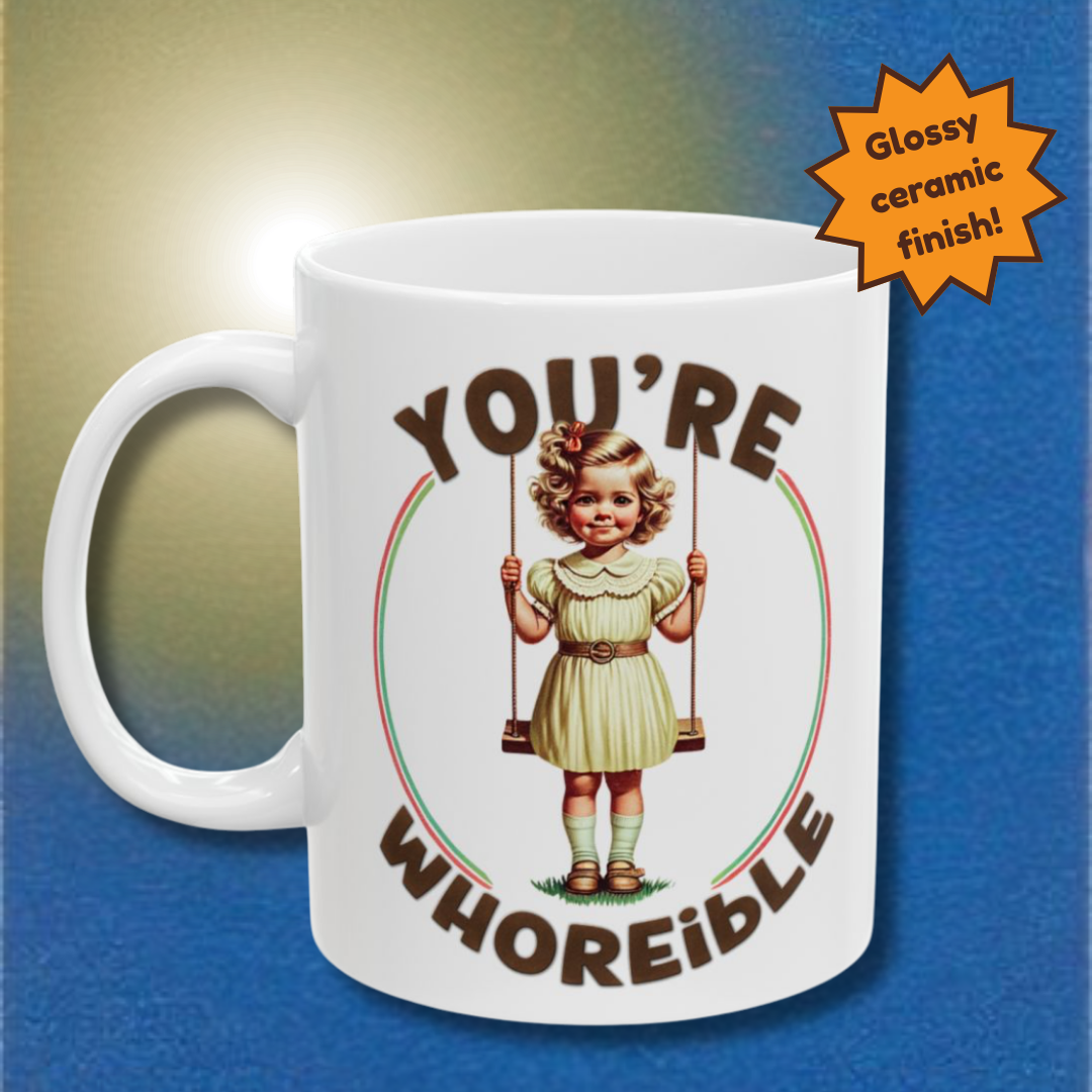 White mug with vintage-style illustration and text on a gradient background