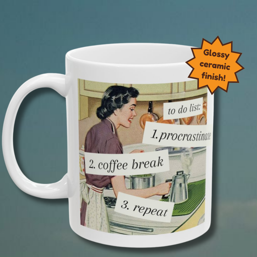Mug with a vintage-style illustration of a woman cooking and text 'to do list: procrastinate, coffee break, repeat' on a dark background.