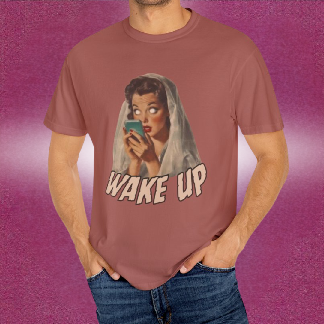 T-shirt with graphic design and text 'Wake Up' on a purple background