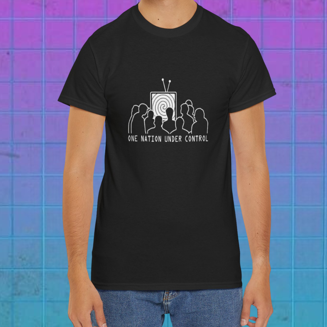 Black t-shirt with graphic design and text on a person against a colorful grid background