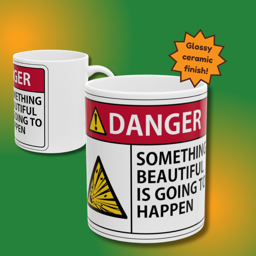Mug with 'Danger' warning label design on a gradient background