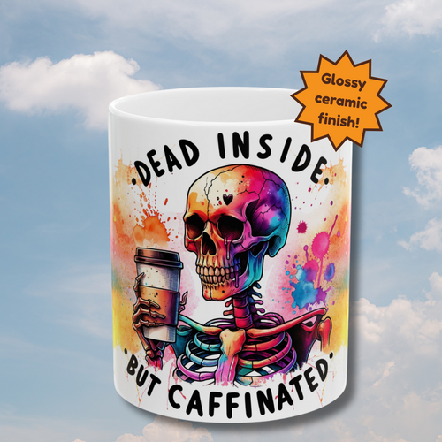 Colorful Skull Mug with Dark Quote: Dead Inside, Perfect for Coffee Lovers