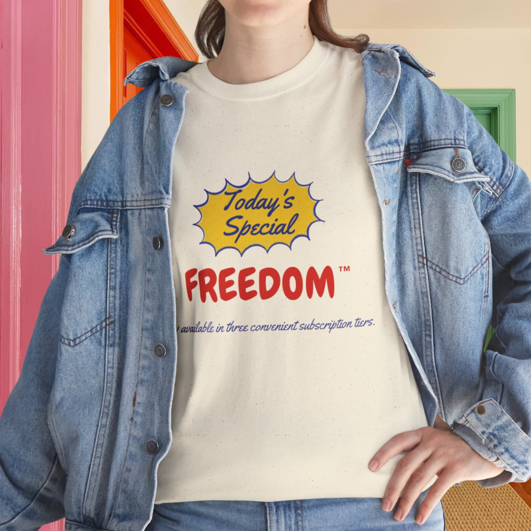 Satire Freedom Retro Tee - Unisex Heavy Cotton Vintage Ad Shirt