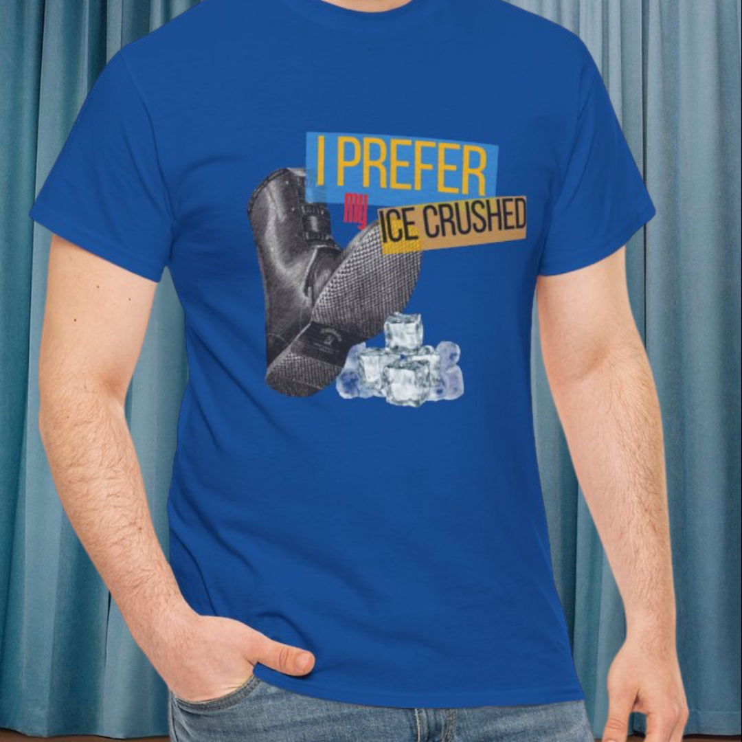 Person wearing a blue t-shirt with a graphic design and text.