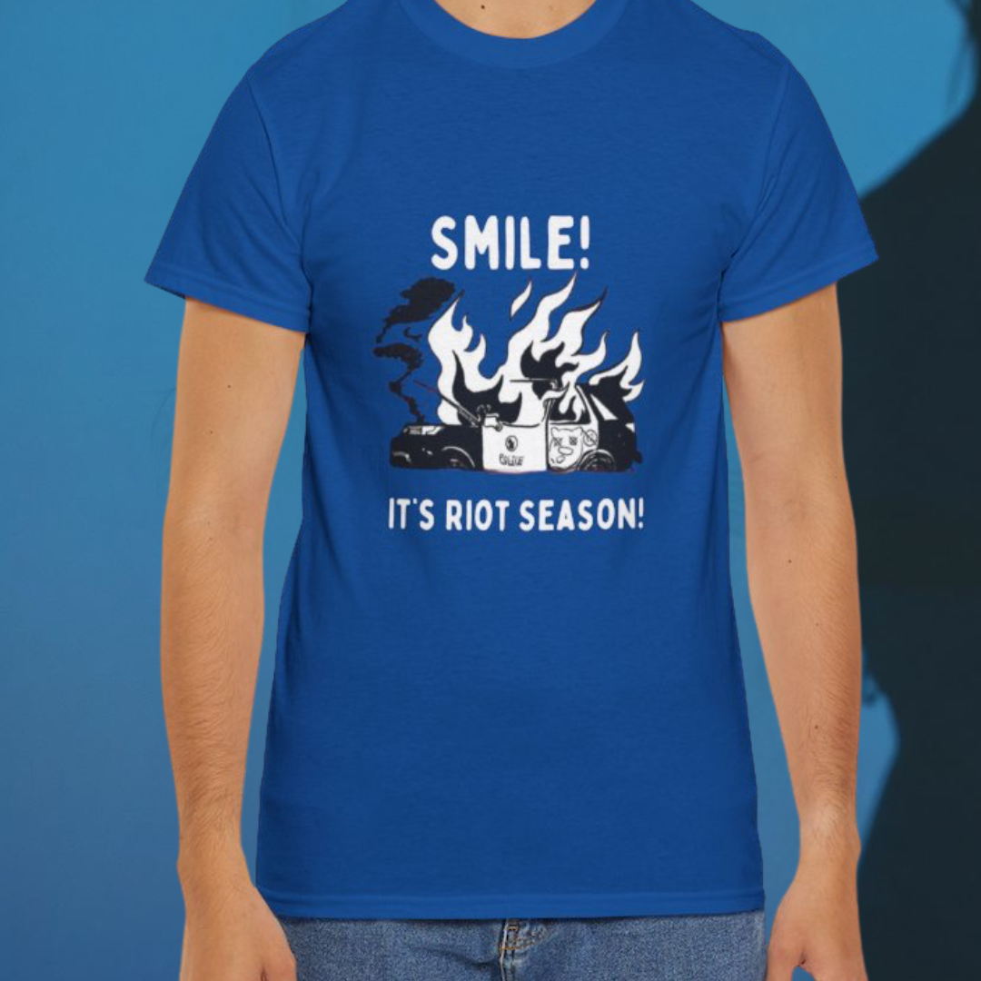 Retro Political Humor Tee – “Smile! It’s Riot Season!” Unisex Shirt