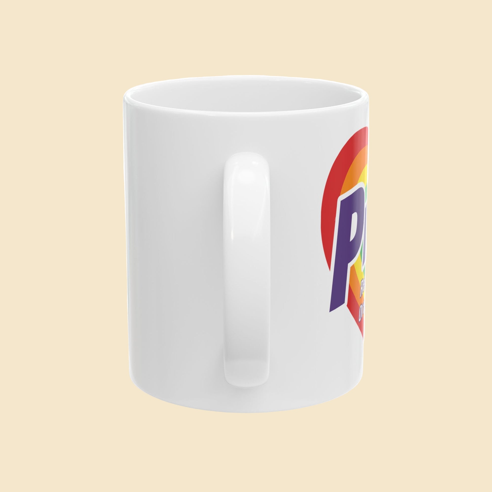 White mug with a colorful logo on a white background