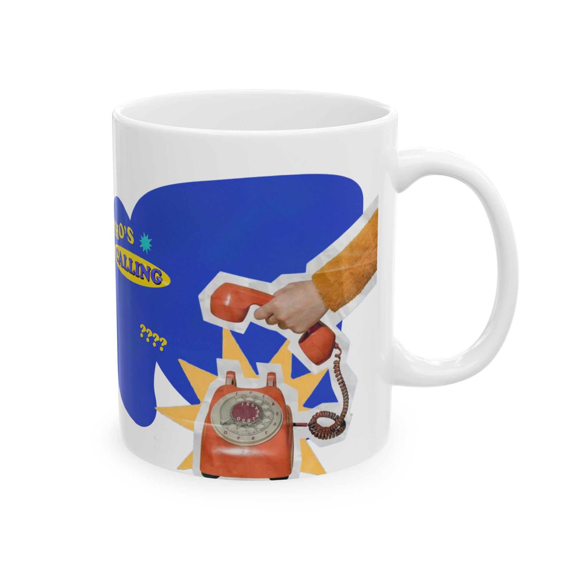 White mug with a colorful design featuring a hand holding a red phone and a blue background.