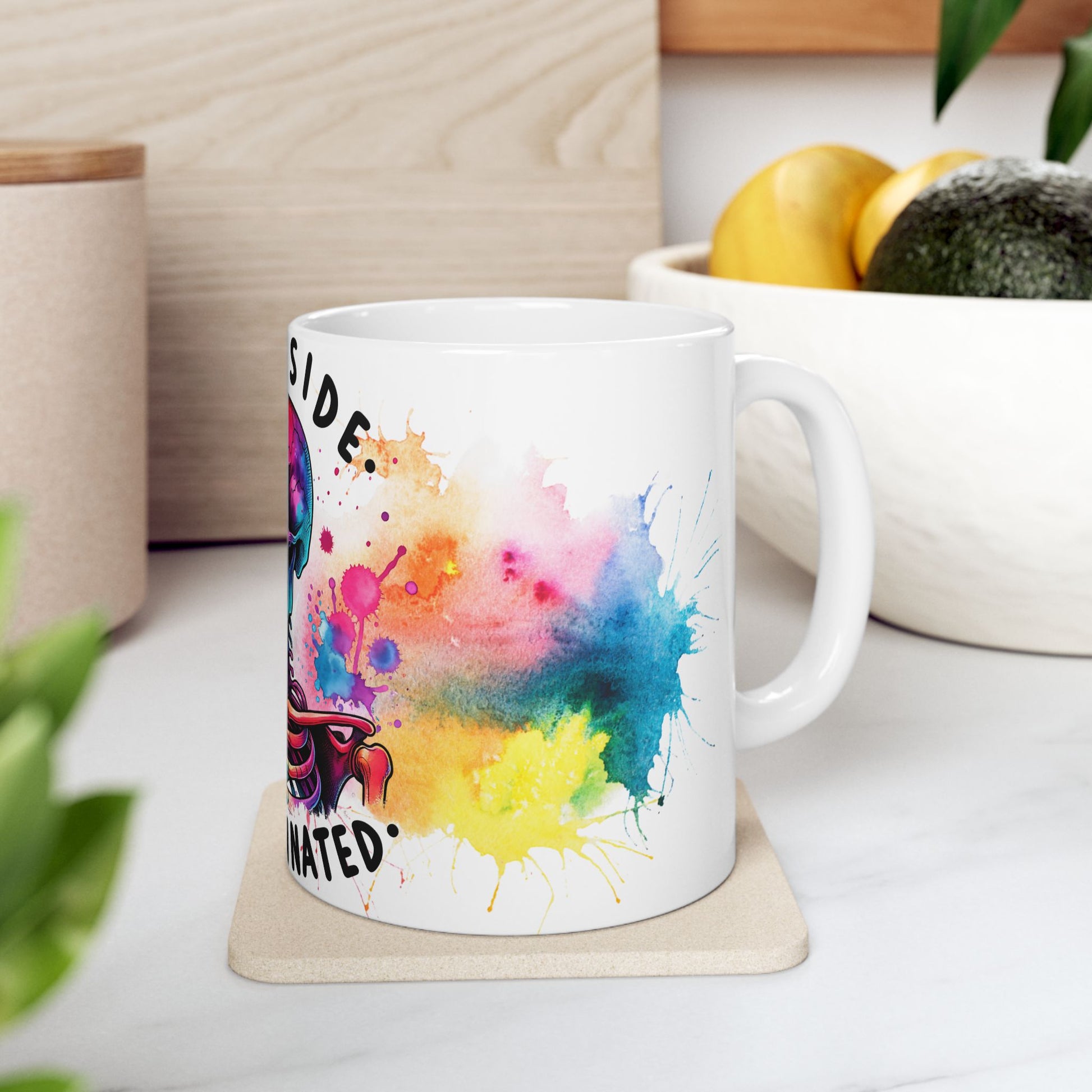 Colorful Skull Mug with Dark Quote: Dead Inside, Perfect for Coffee Lovers