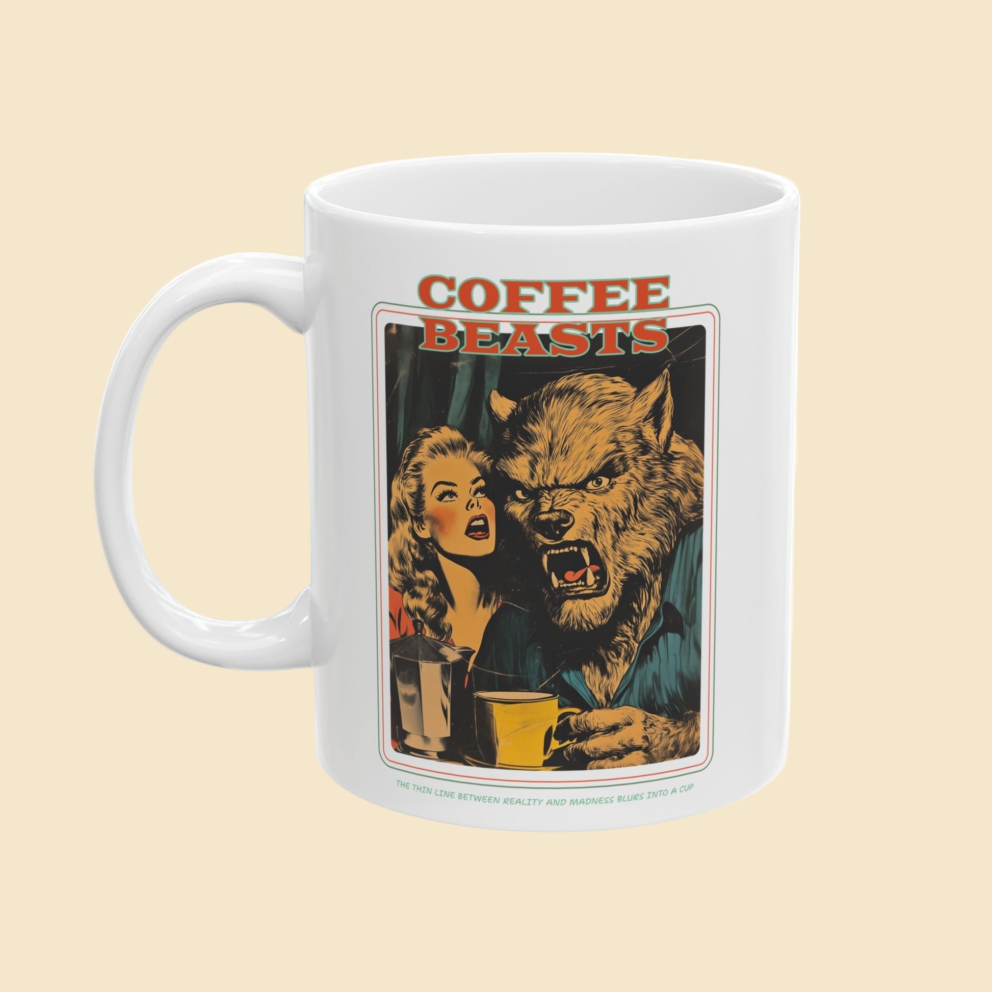 Mug with a graphic design of a woman and a wolf-like creature with 'Coffee Beasts' text on a beige background