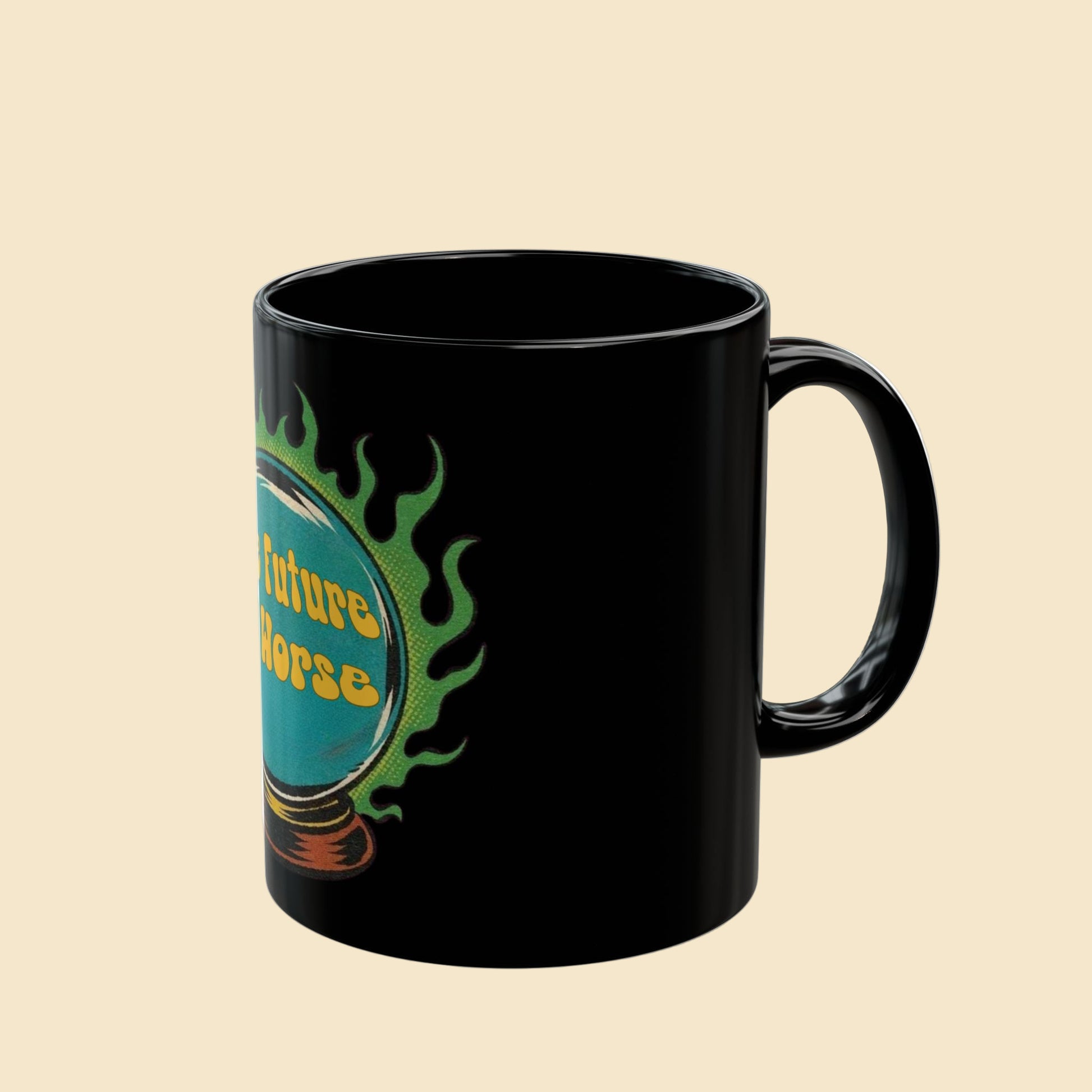 Black mug with colorful 'Future Horse' design on a white background