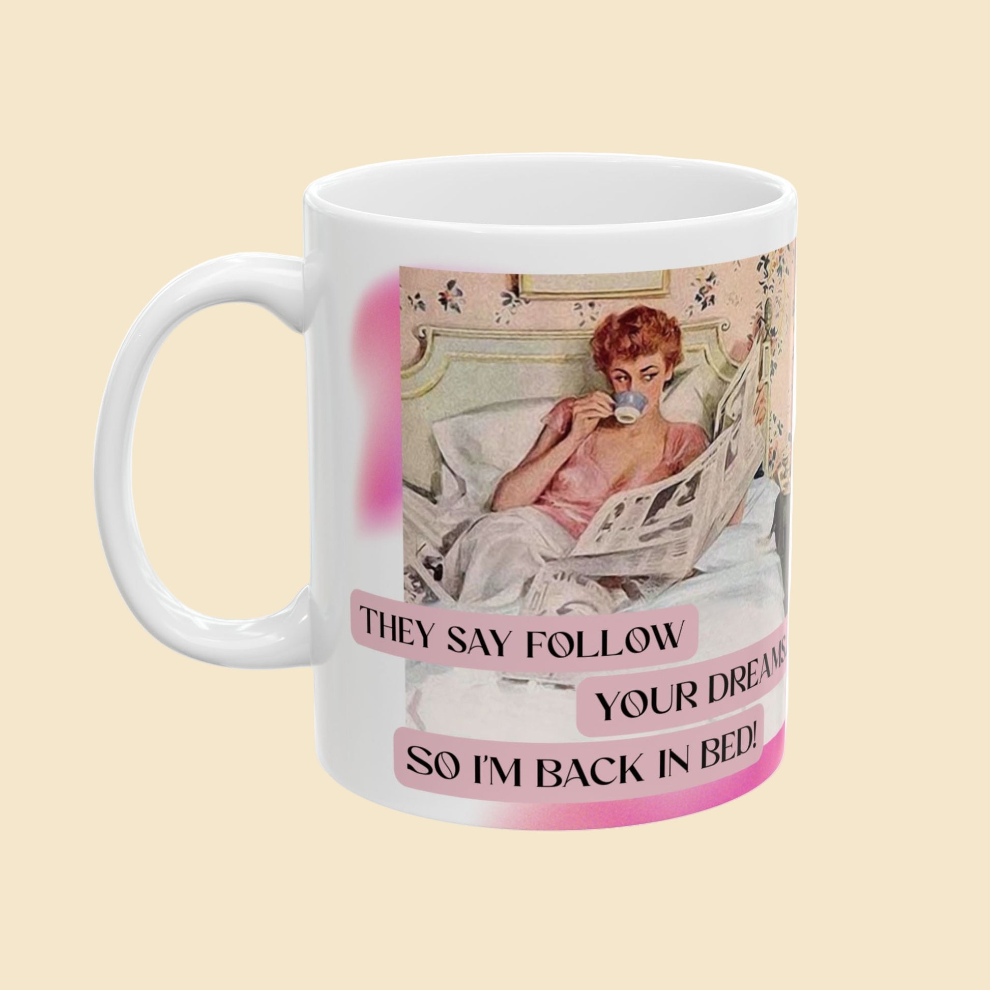 Mug with vintage-style illustration and text on a white background