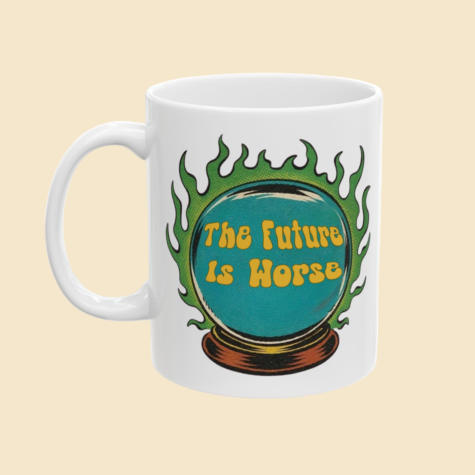 White mug with a design of a crystal ball and 'The Future Is Horse' text on a white background