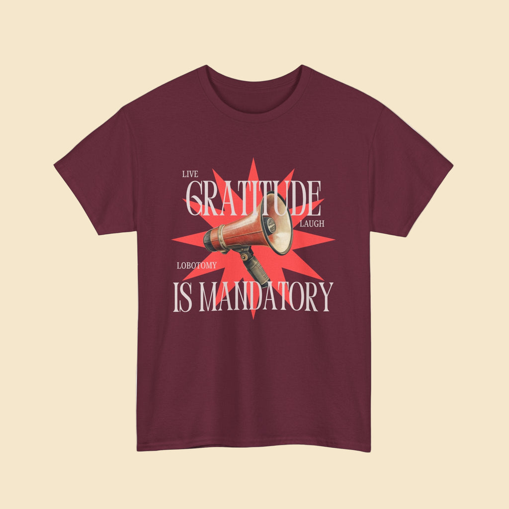 Maroon t-shirt with a graphic design featuring a megaphone and text on a white background